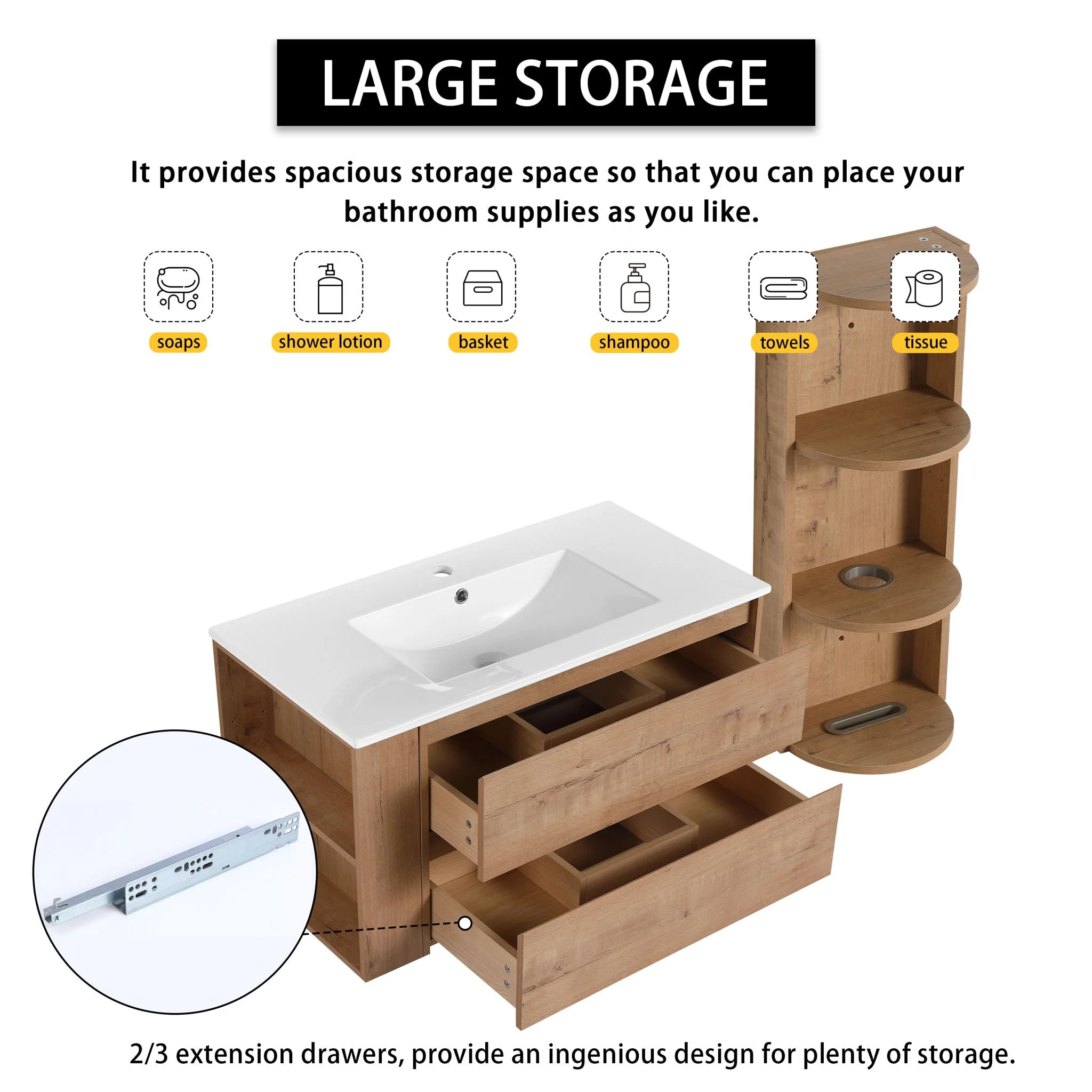 Modern Wall Mounted Bathroom Vanity With Ceramic Sink And Storage Rack, 2 Soft Close Drawers - Image 7