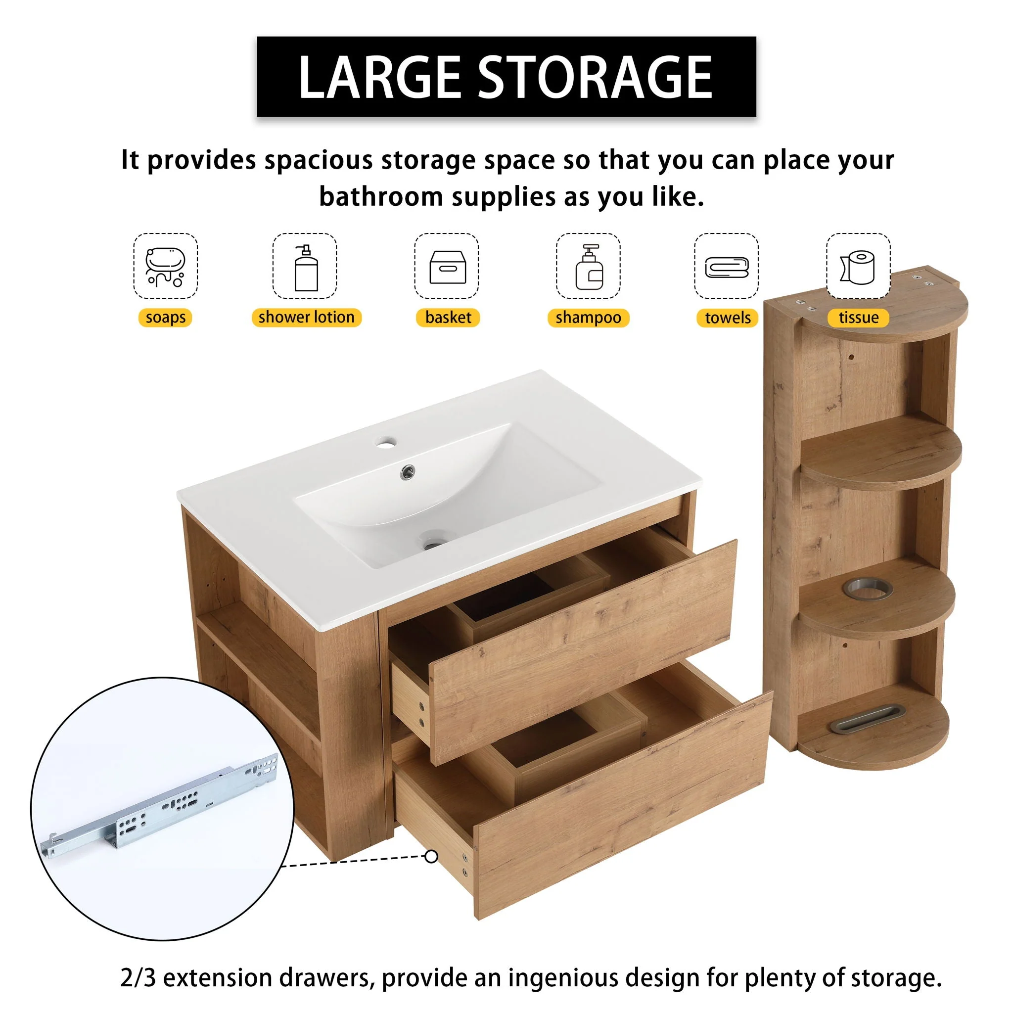 Modern Wall Mounted Bathroom Vanity With Ceramic Sink And Storage Rack, 2 Soft Close Drawers - Image 8