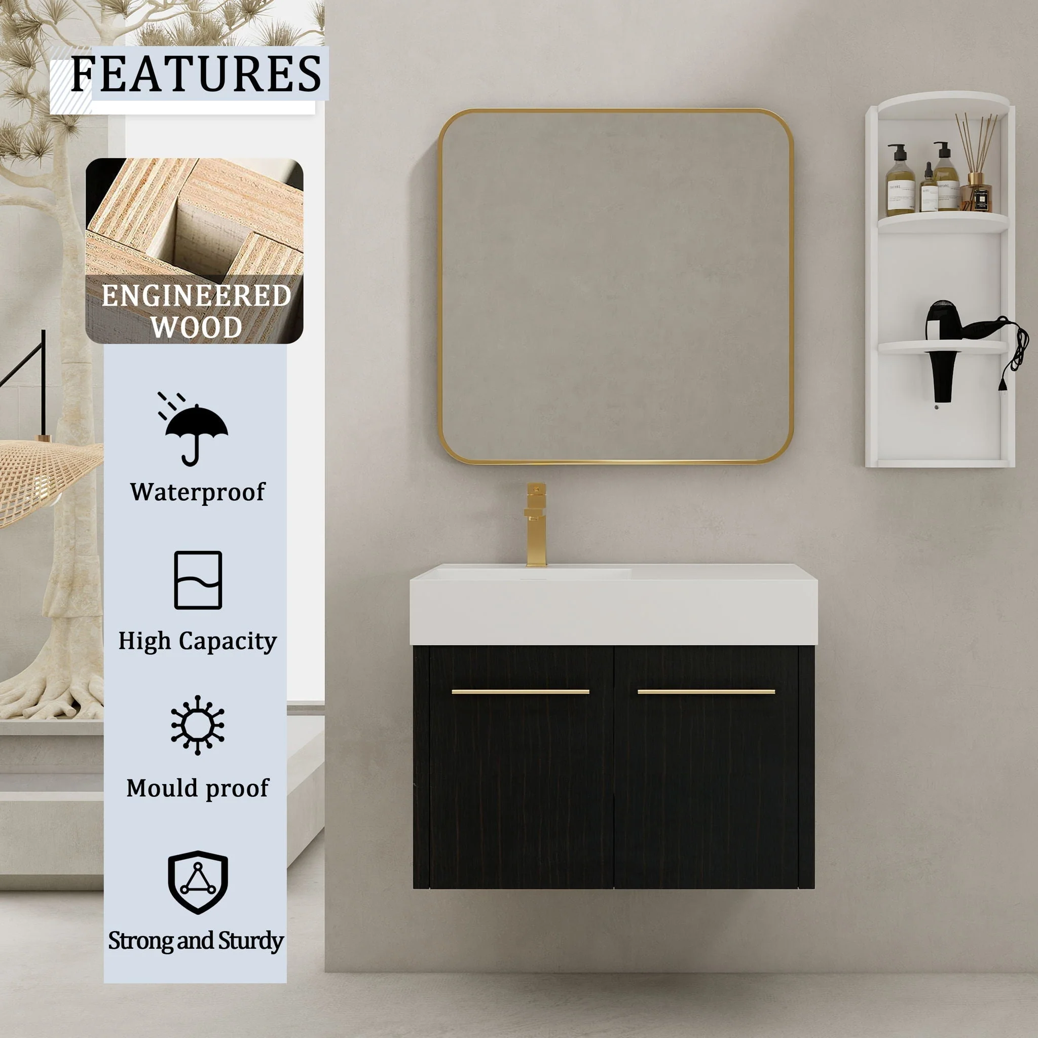 Modern Wall Mounted Bathroom Vanity With Resin Sink And Storage Rack - Image 10