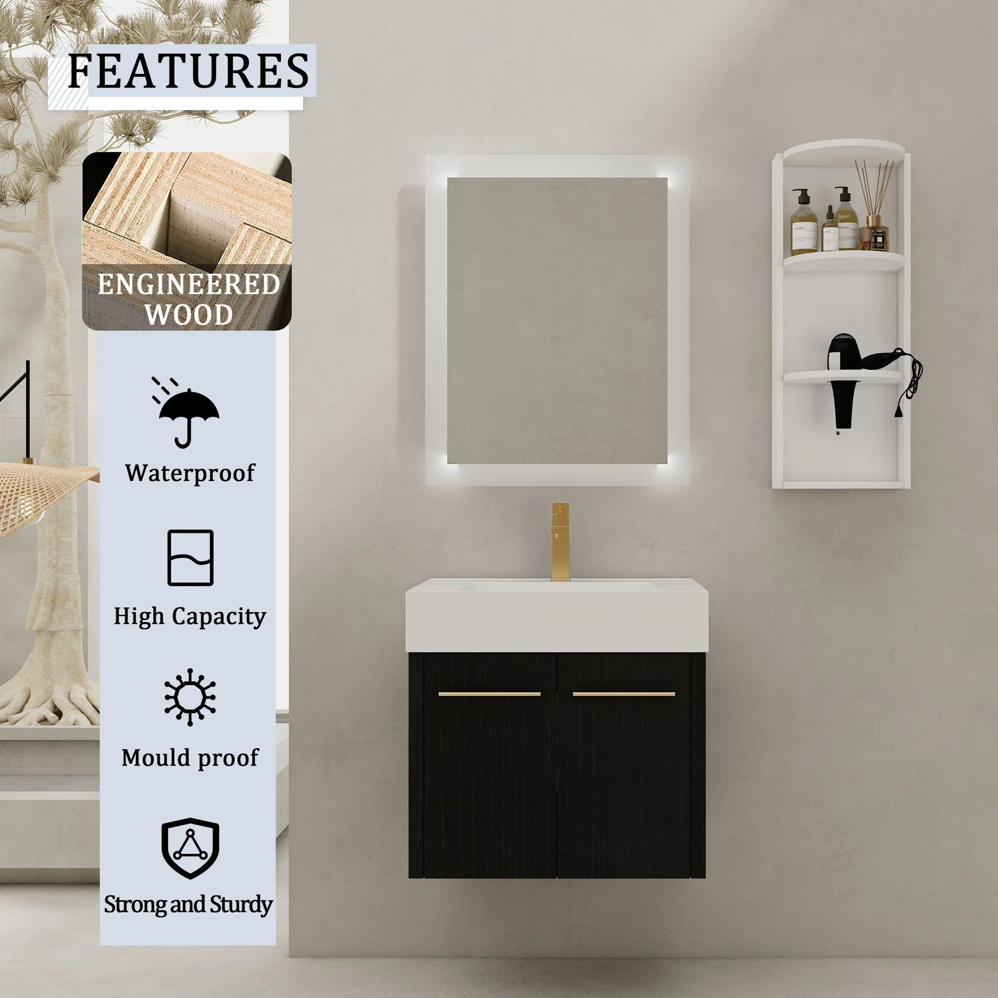 Modern Wall Mounted Bathroom Vanity With Resin Sink And Storage Rack - Image 12