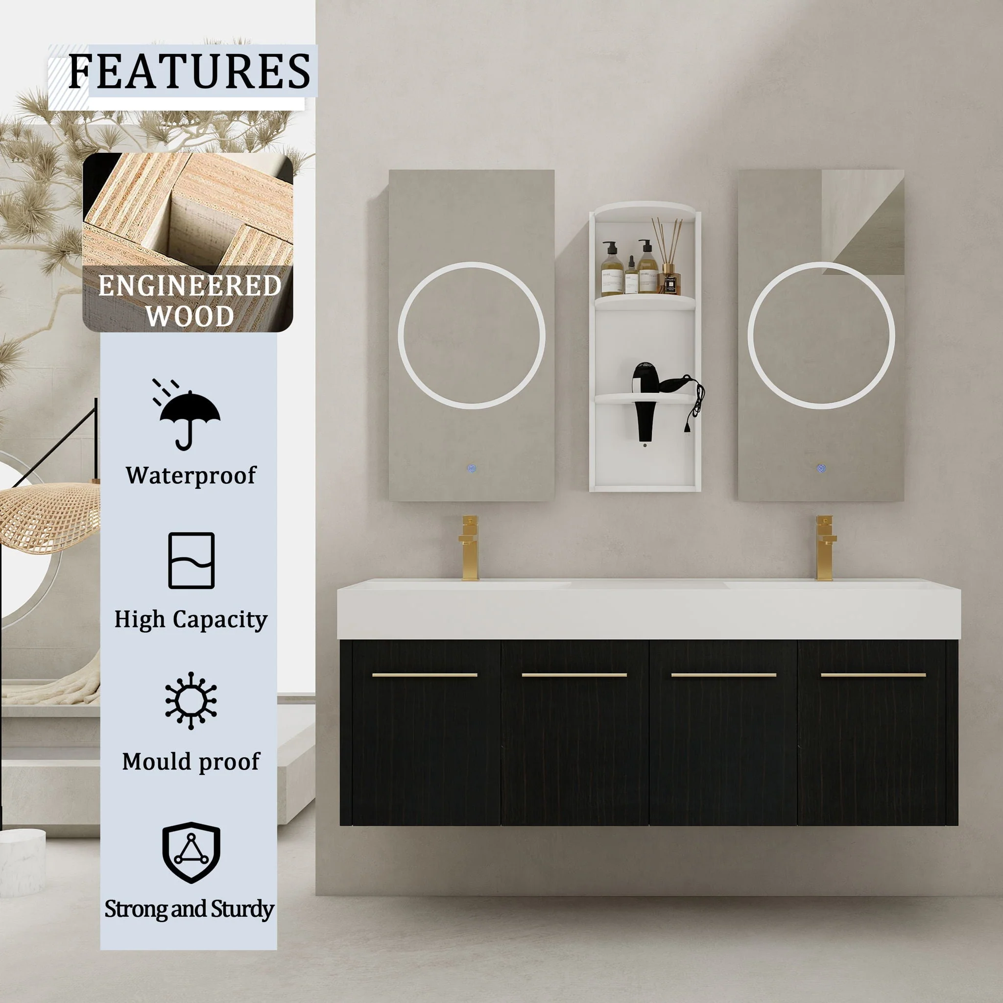 Modern Wall Mounted Bathroom Vanity With Resin Sink And Storage Rack - Image 5