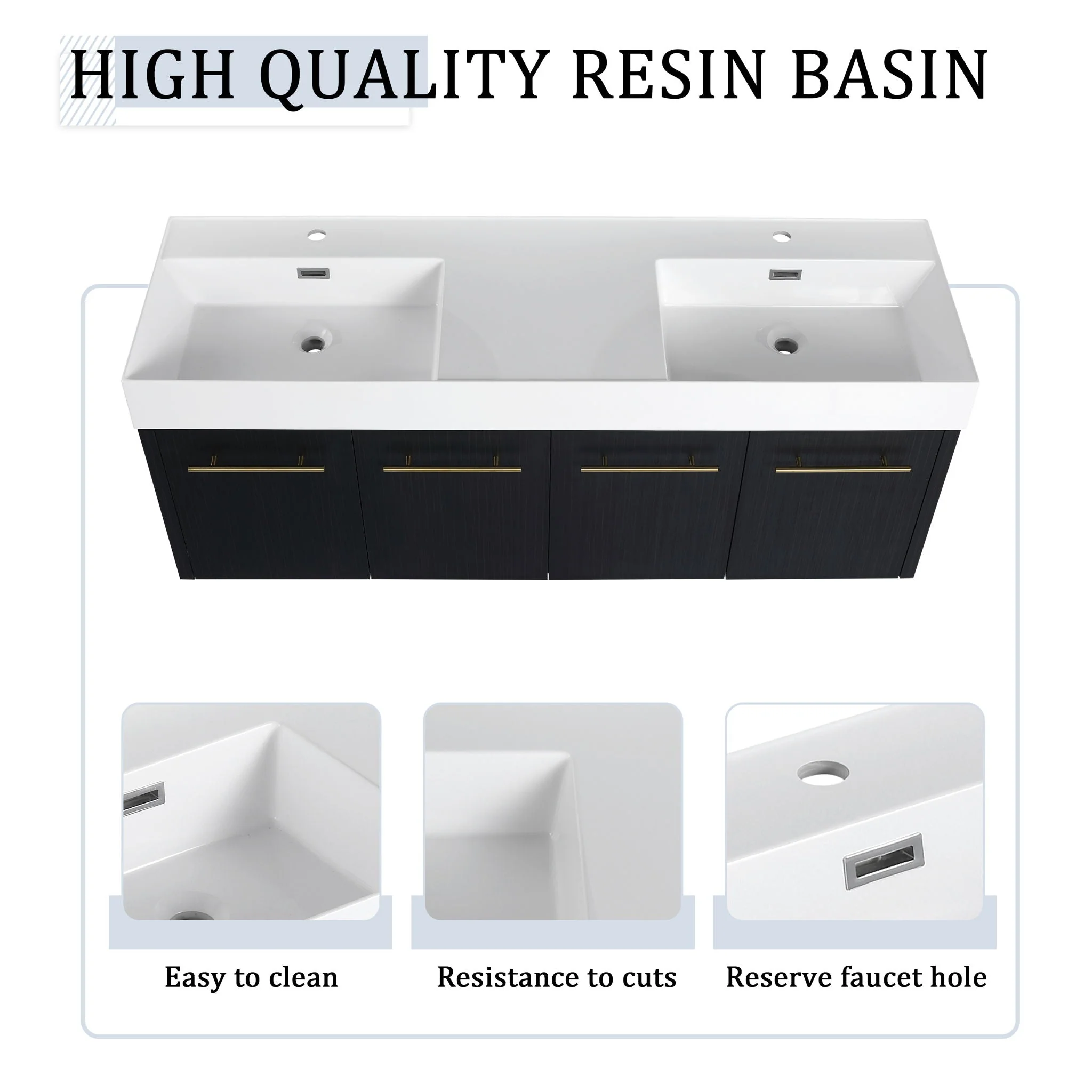 Modern Wall Mounted Bathroom Vanity With Resin Sink And Storage Rack - Image 6