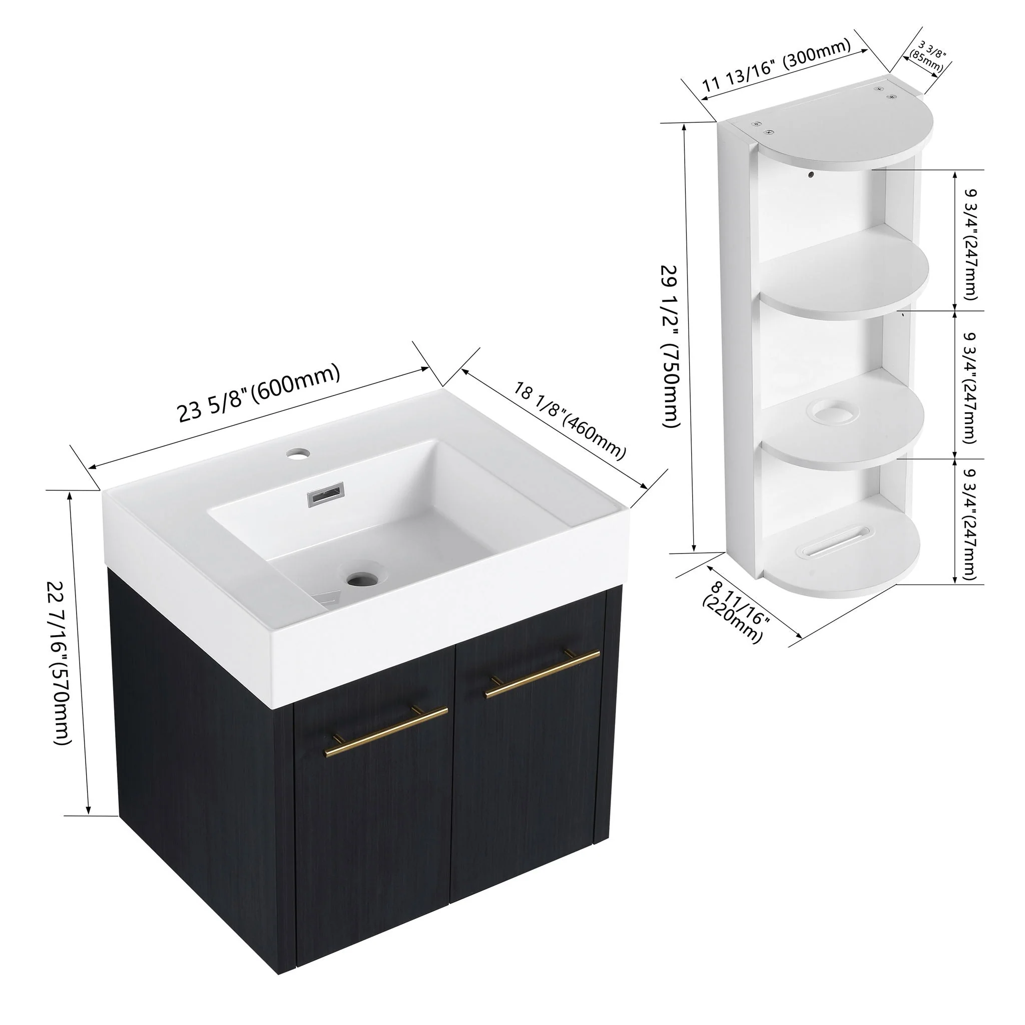 Modern Wall Mounted Bathroom Vanity With Resin Sink And Storage Rack - Image 7