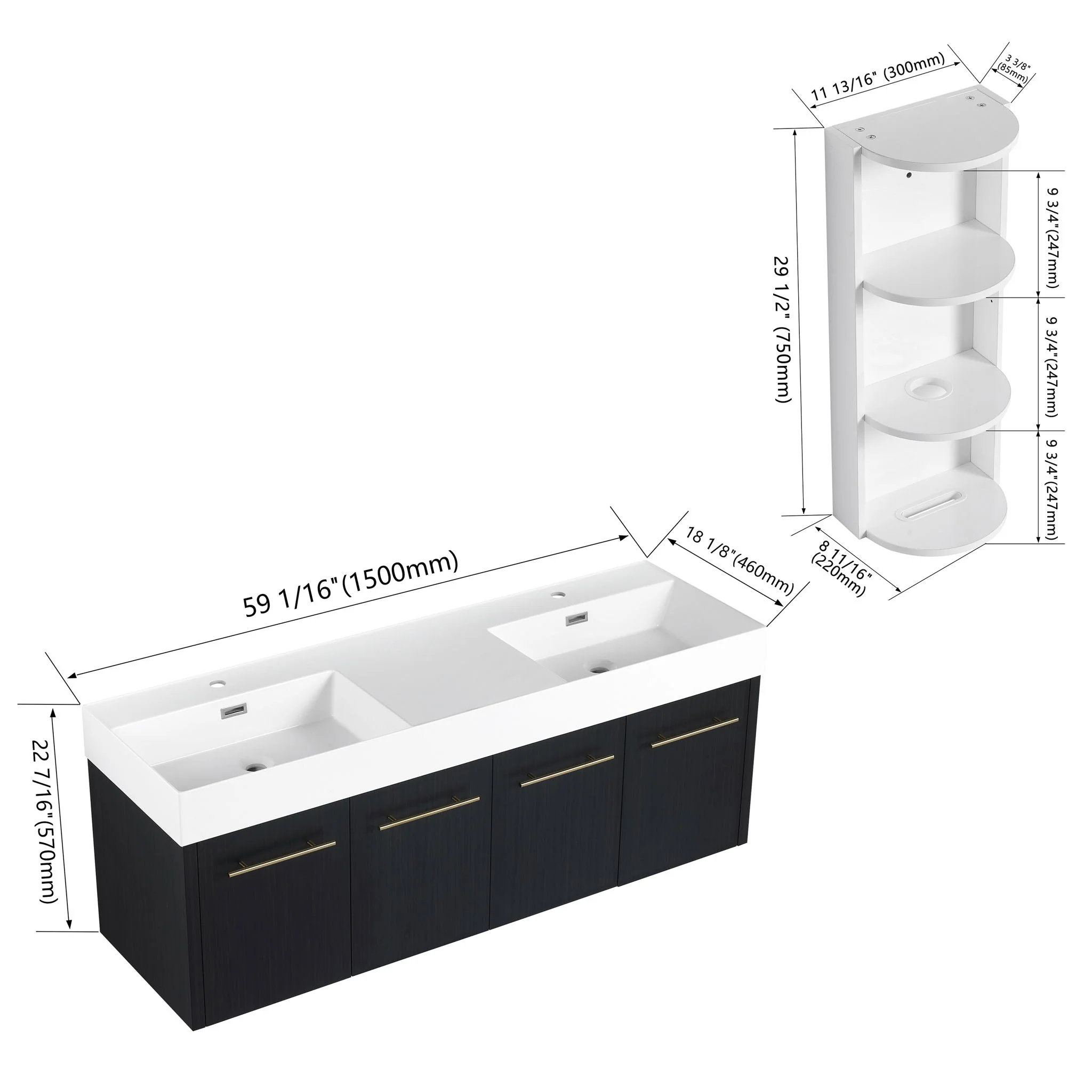 Modern Wall Mounted Bathroom Vanity With Resin Sink And Storage Rack - Image 8
