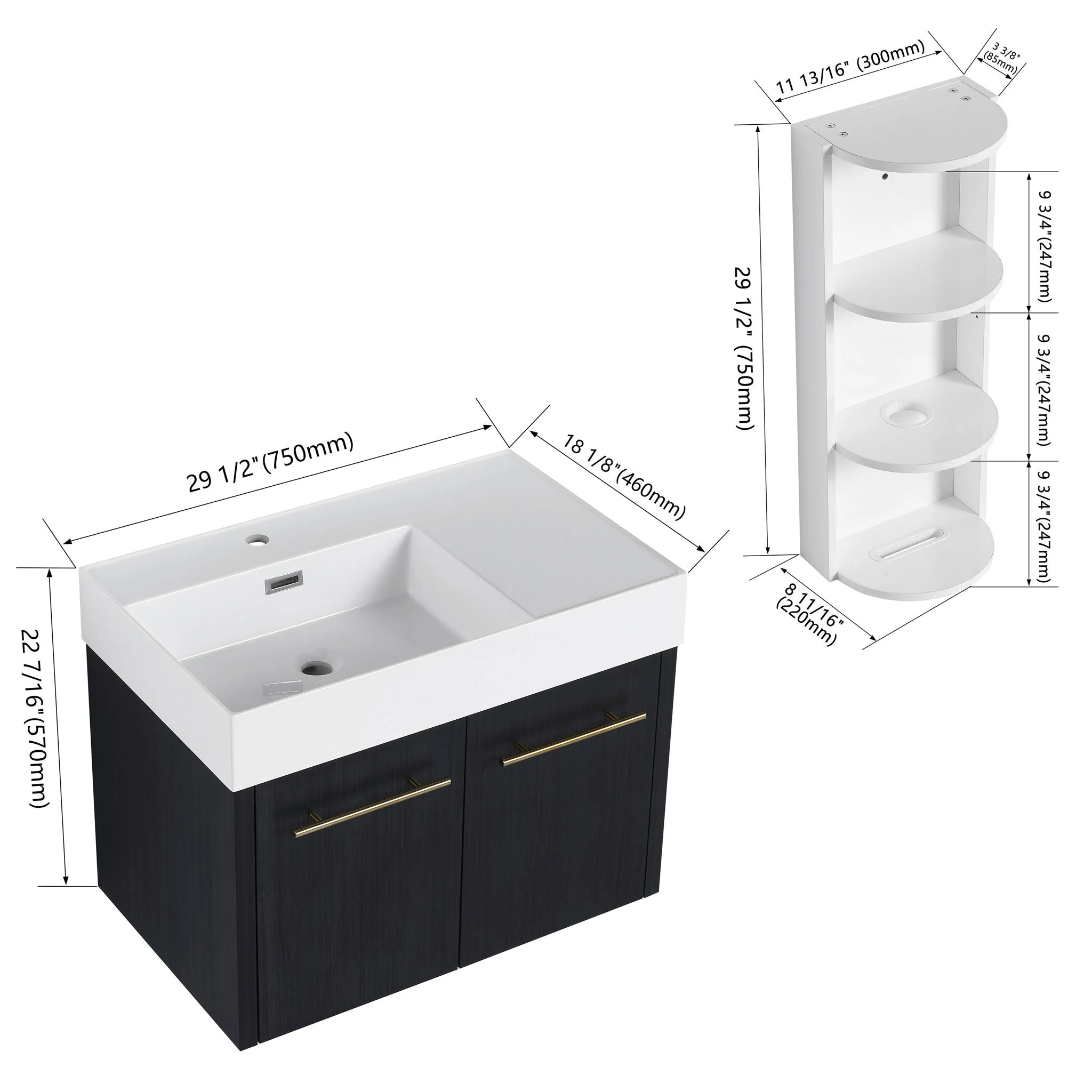 Modern Wall Mounted Bathroom Vanity With Resin Sink And Storage Rack - Image 9