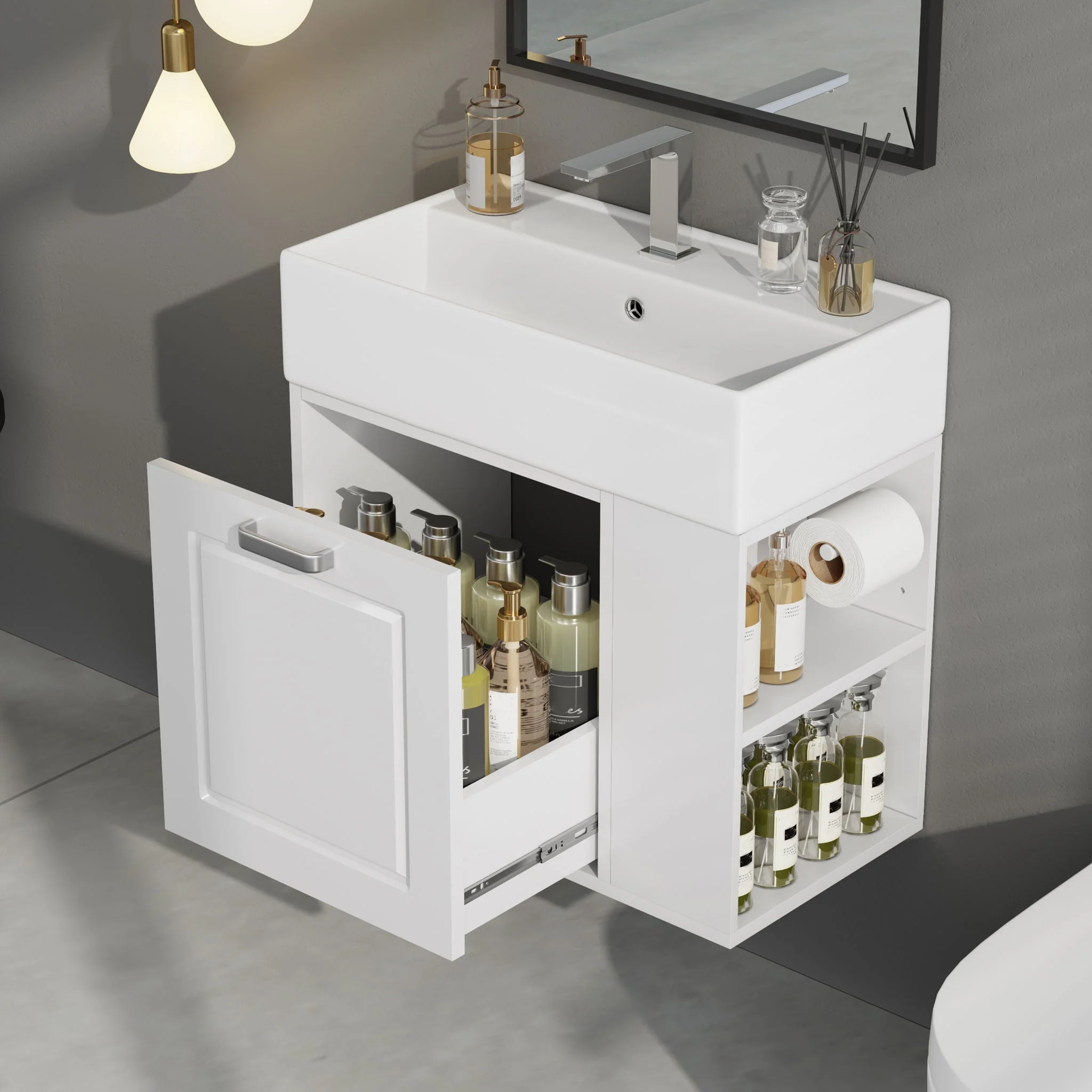 Modern Wall Mounted Bathroom Vanity With Sink, Soft Close Drawer, Adjustable Shelf, Toilet Paper Holder - Image 4