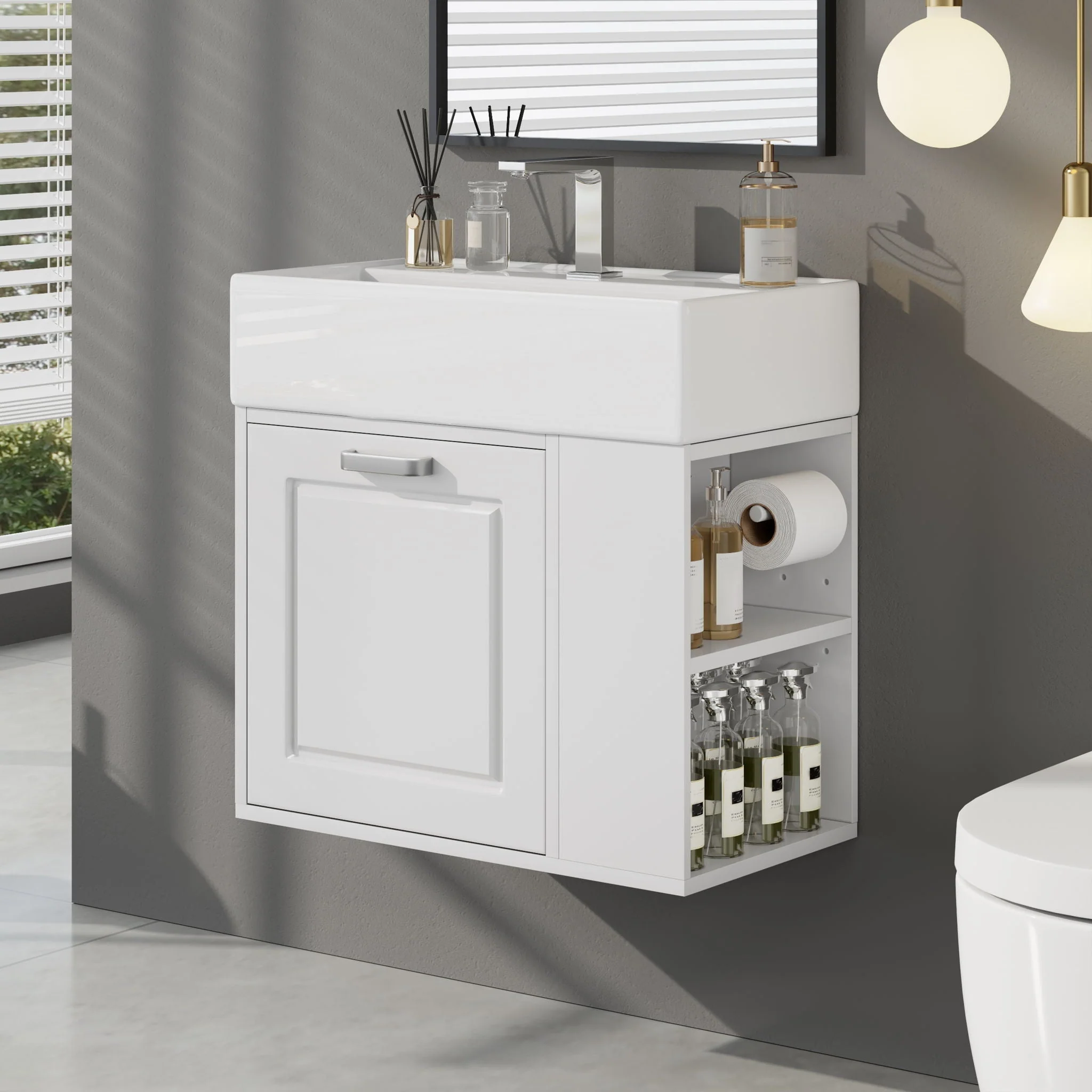 Modern Wall Mounted Bathroom Vanity With Sink, Soft Close Drawer, Adjustable Shelf, Toilet Paper Holder - Image 6