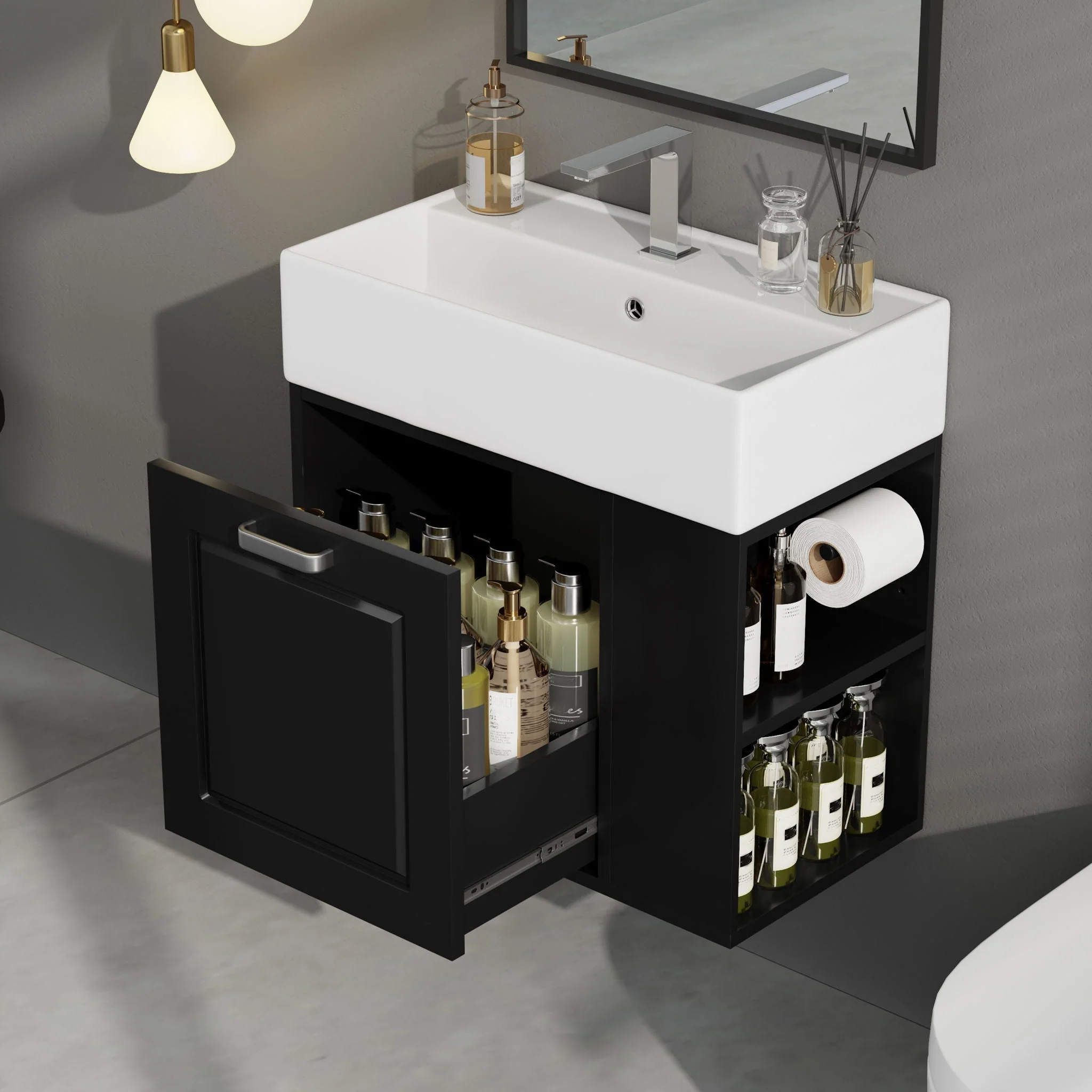 Modern Wall Mounted Bathroom Vanity With Sink, Soft Close Drawer, Adjustable Shelf, Toilet Paper Holder - Image 7