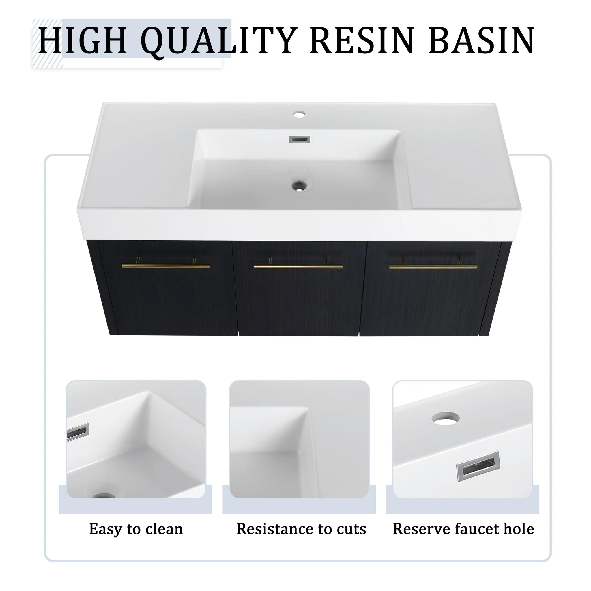 Modern Wall Mounted Bathroom Vanity With Thick Edge Resin Sink And Storage Rack - Image 10