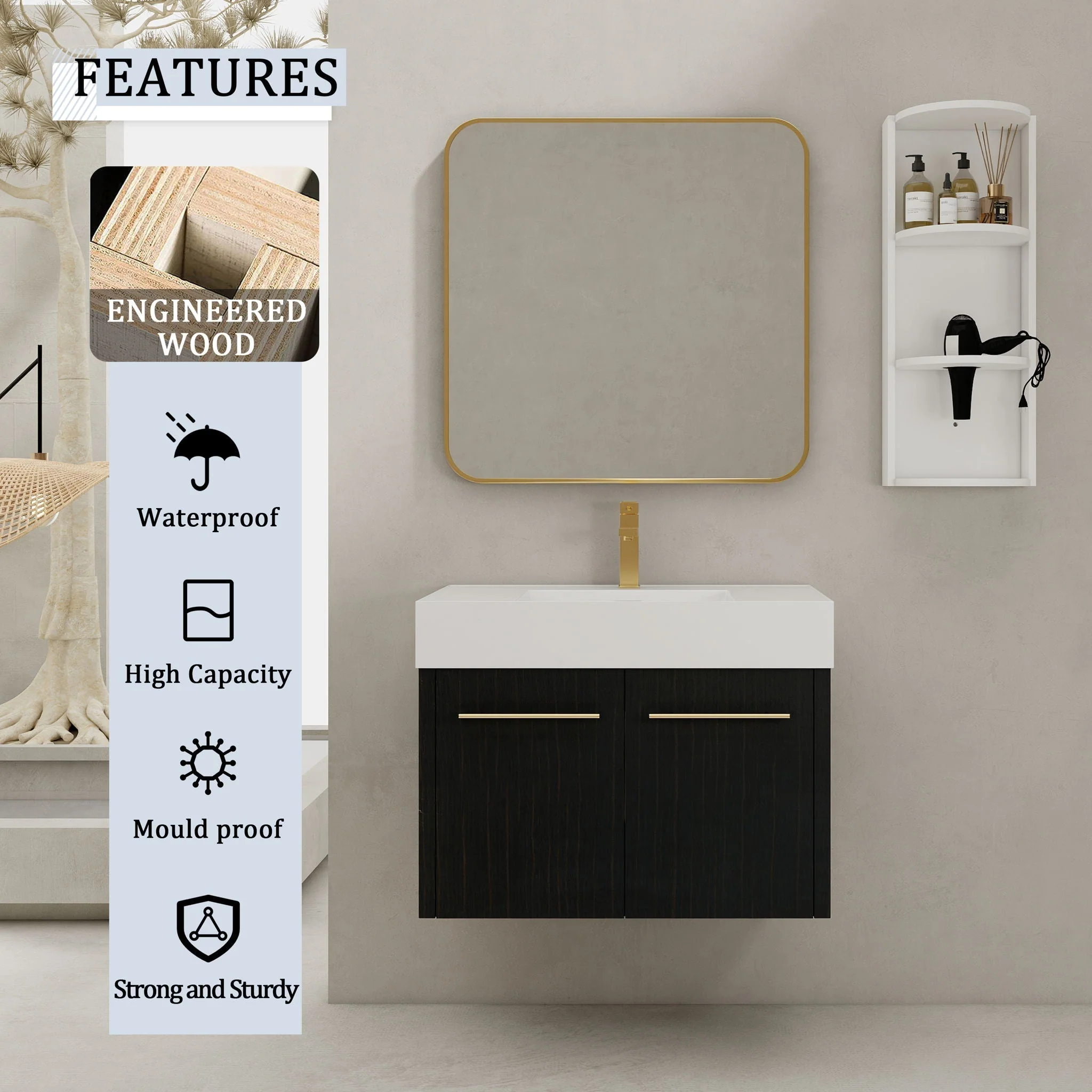 Modern Wall Mounted Bathroom Vanity With Thick Edge Resin Sink And Storage Rack - Image 11
