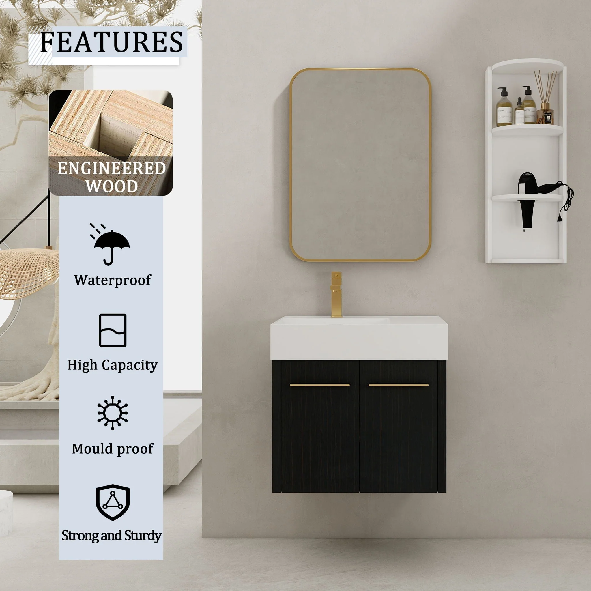 Modern Wall Mounted Bathroom Vanity With Thick Edge Resin Sink And Storage Rack - Image 12