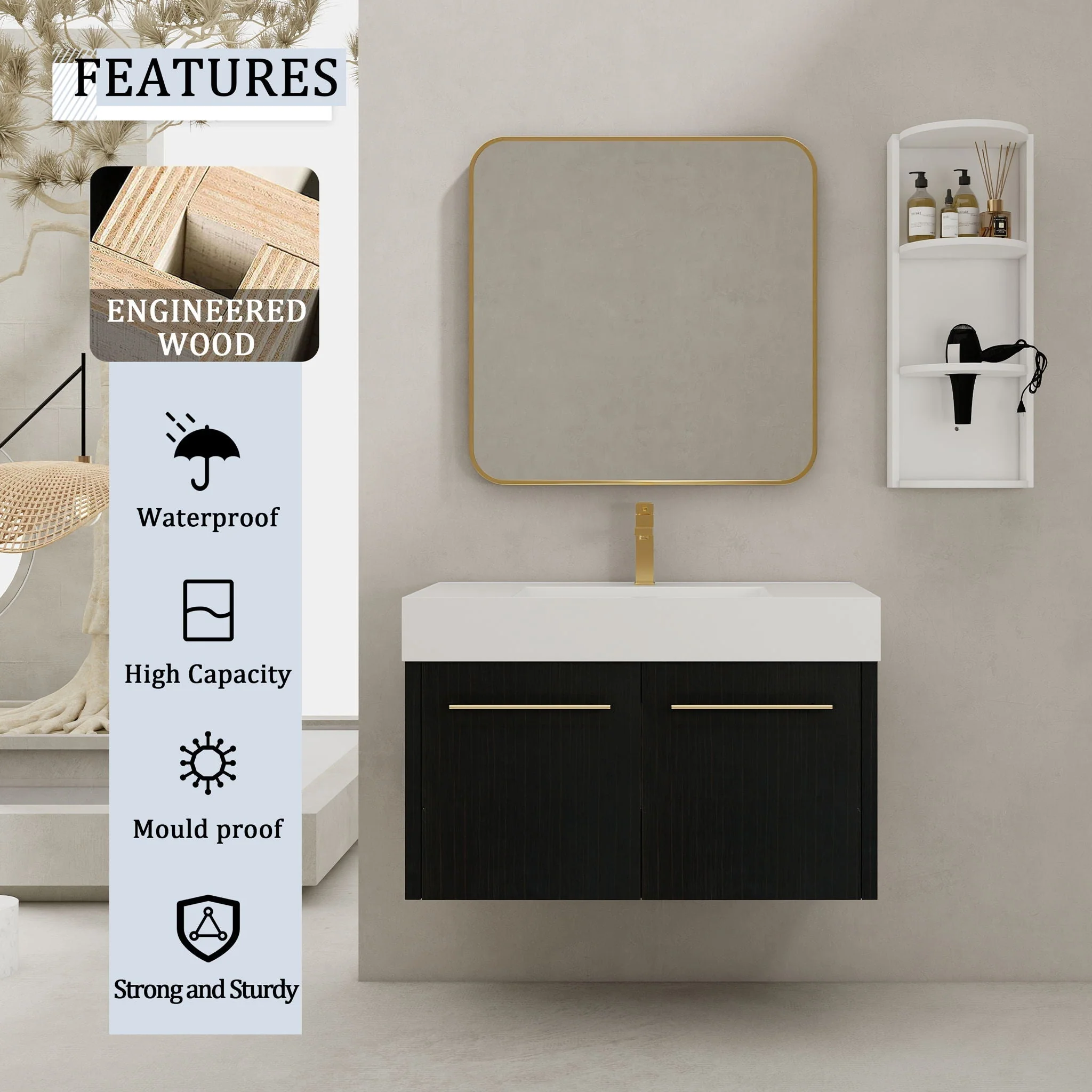 Modern Wall Mounted Bathroom Vanity With Thick Edge Resin Sink And Storage Rack - Image 13