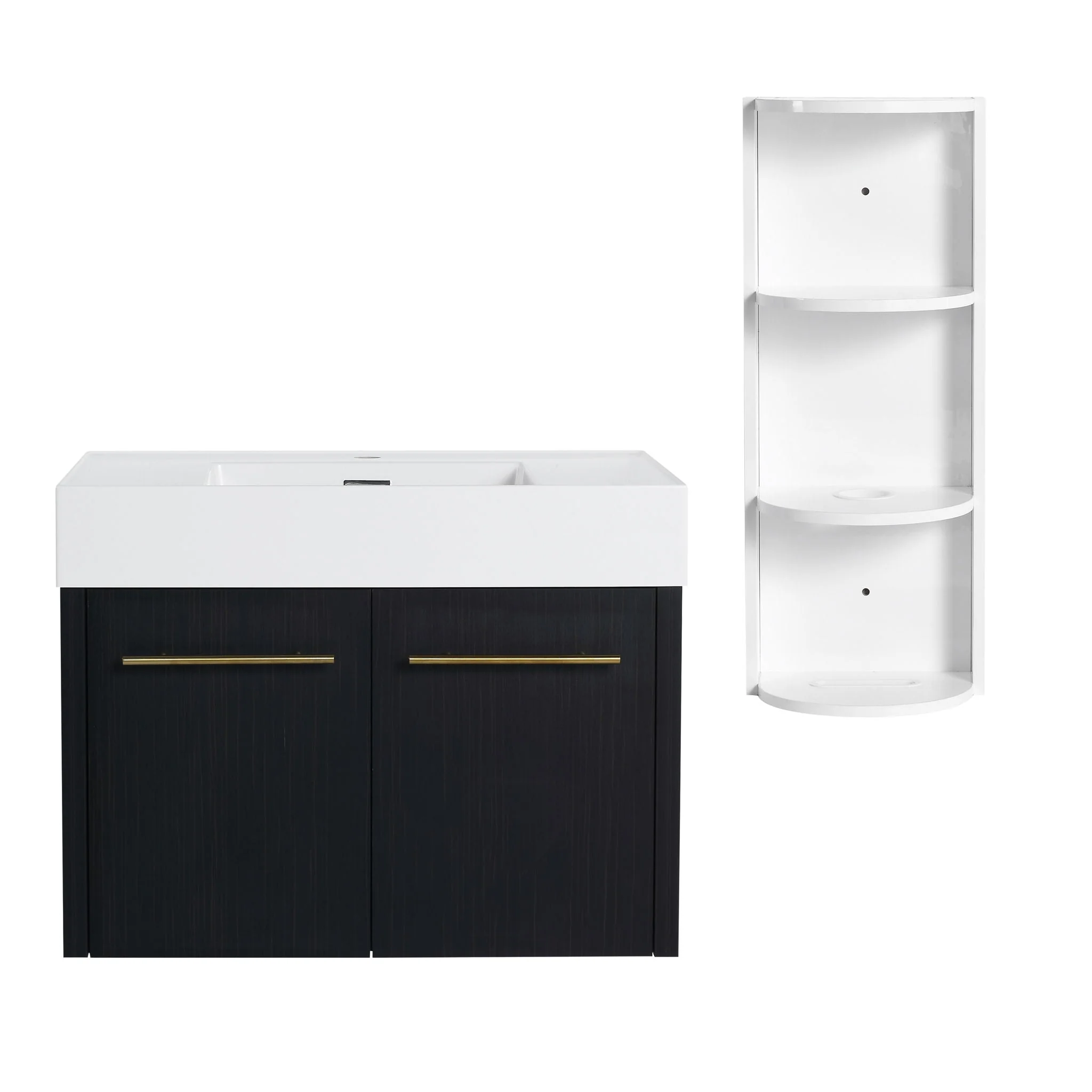 Modern Wall Mounted Bathroom Vanity With Thick Edge Resin Sink And Storage Rack - Image 14