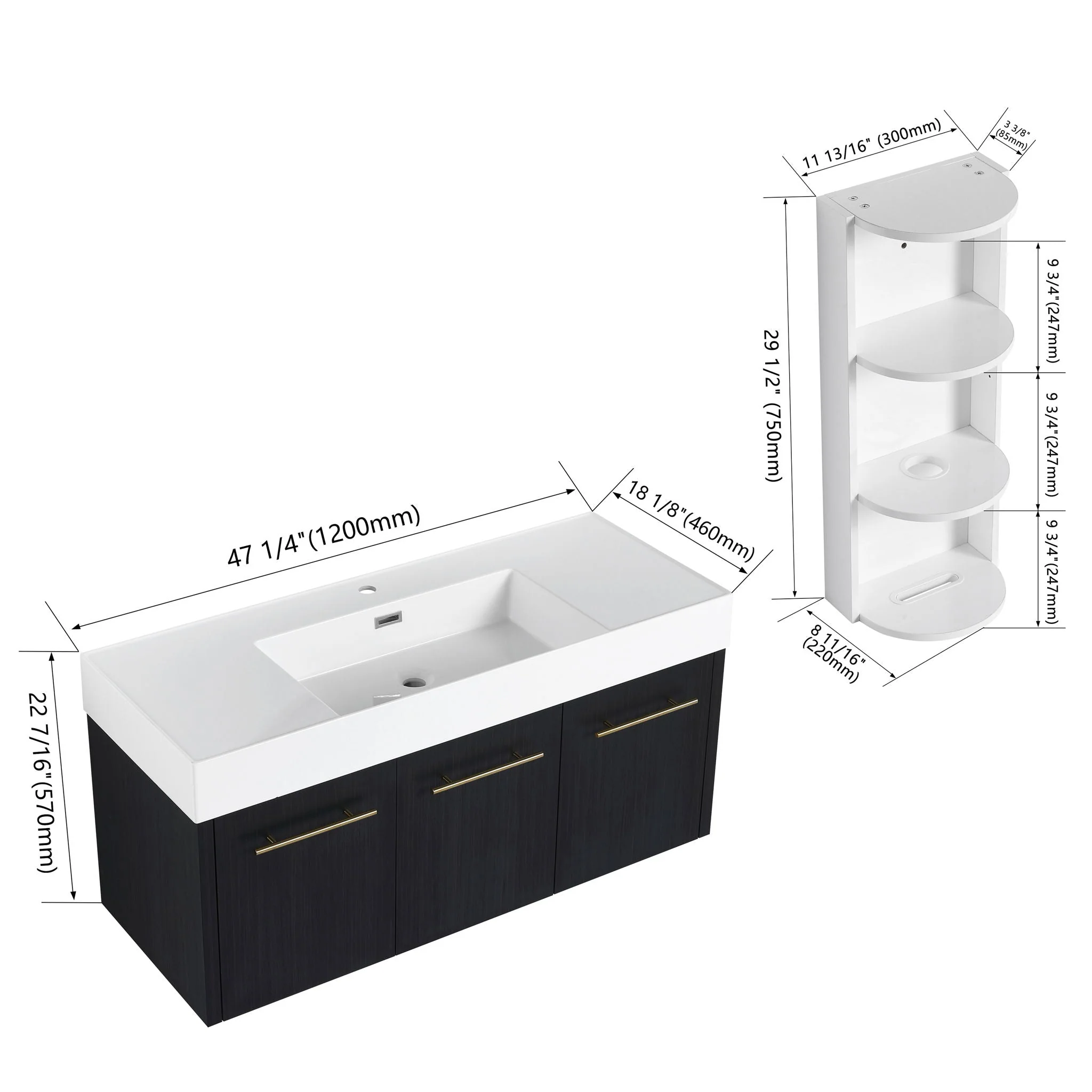 Modern Wall Mounted Bathroom Vanity With Thick Edge Resin Sink And Storage Rack - Image 15