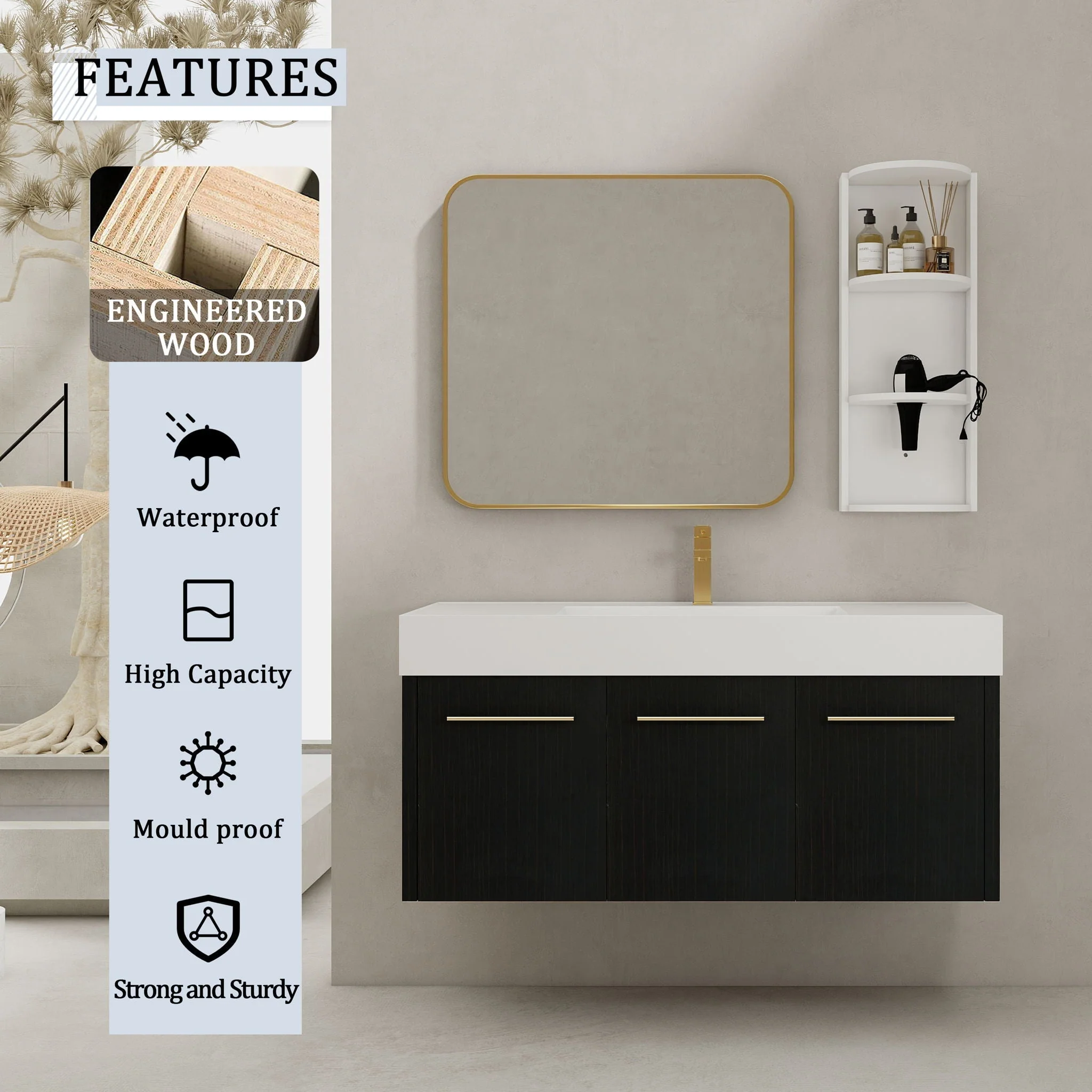 Modern Wall Mounted Bathroom Vanity With Thick Edge Resin Sink And Storage Rack - Image 16