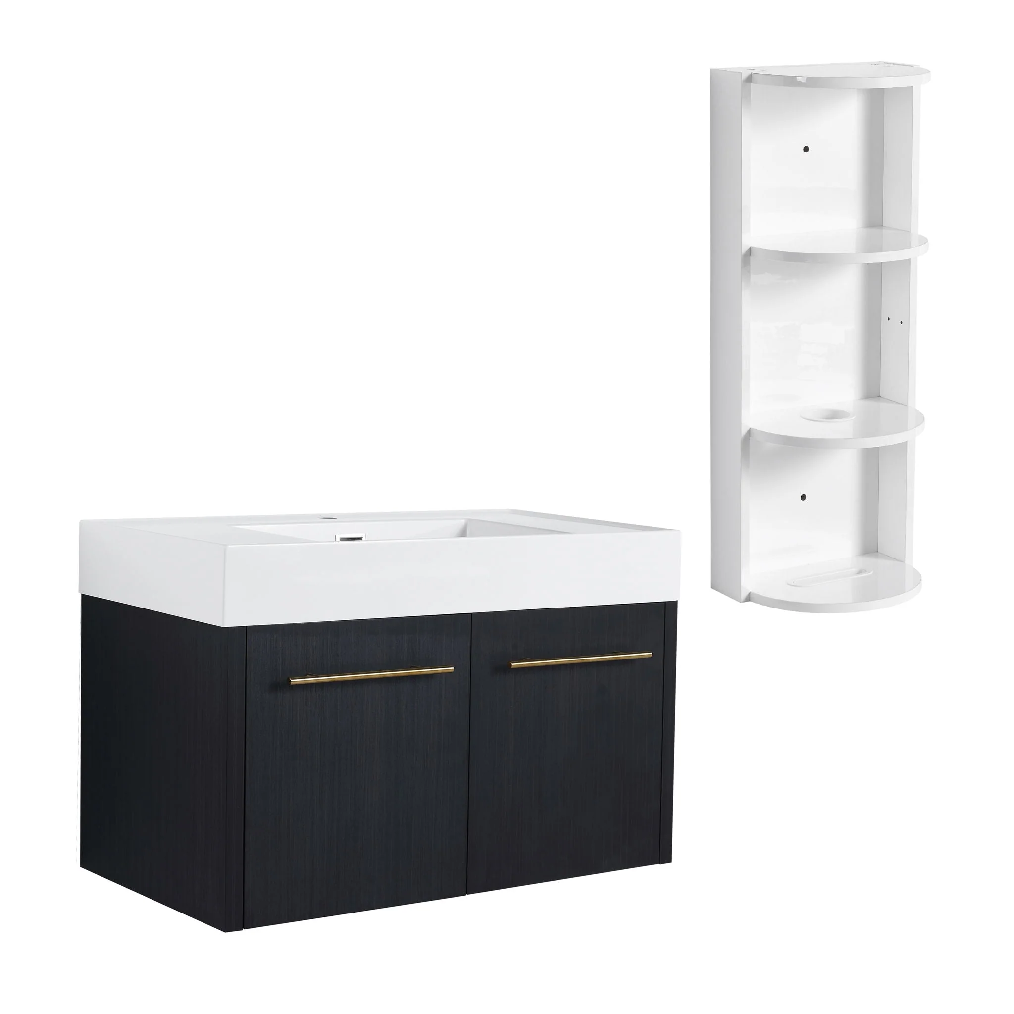 Modern Wall Mounted Bathroom Vanity With Thick Edge Resin Sink And Storage Rack - Image 4