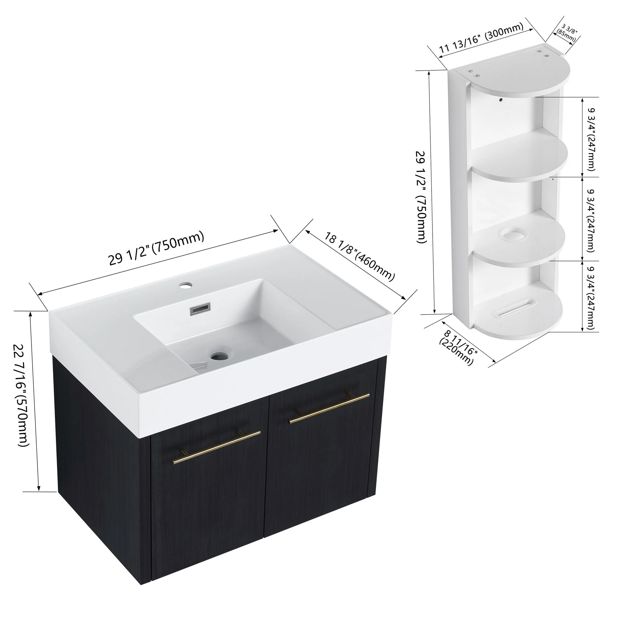 Modern Wall Mounted Bathroom Vanity With Thick Edge Resin Sink And Storage Rack - Image 5