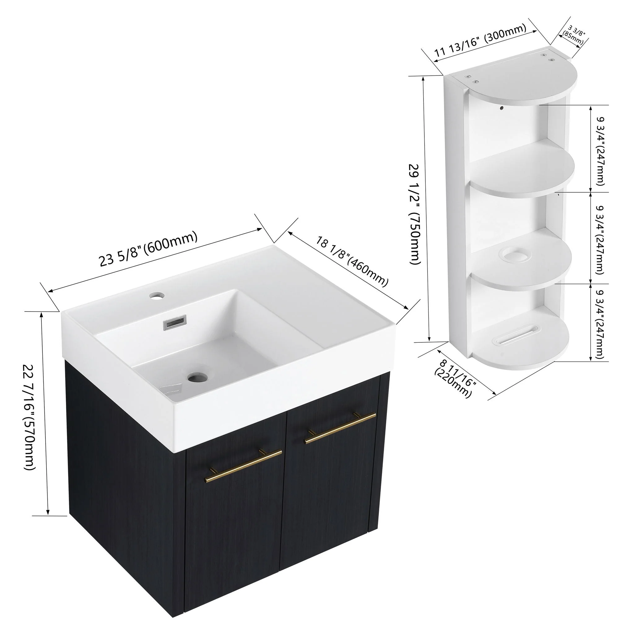 Modern Wall Mounted Bathroom Vanity With Thick Edge Resin Sink And Storage Rack - Image 6