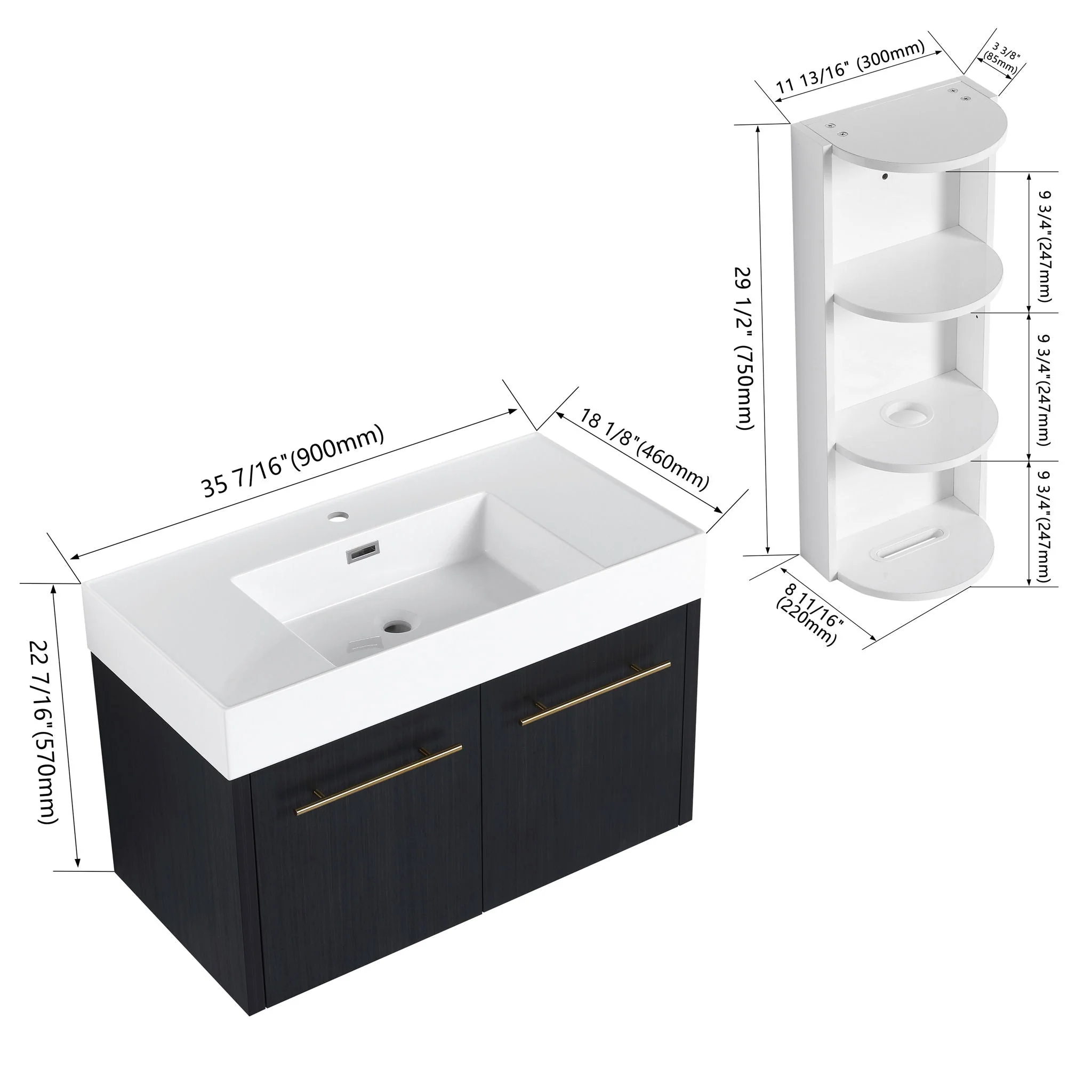 Modern Wall Mounted Bathroom Vanity With Thick Edge Resin Sink And Storage Rack - Image 7