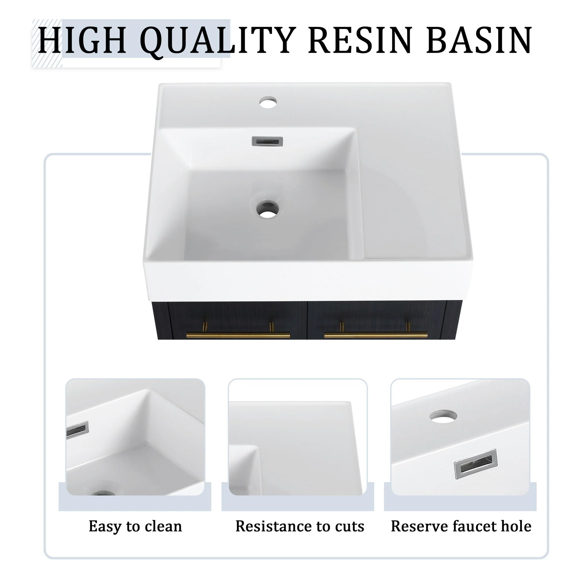 Modern Wall Mounted Bathroom Vanity With Thick Edge Resin Sink And Storage Rack - Image 9