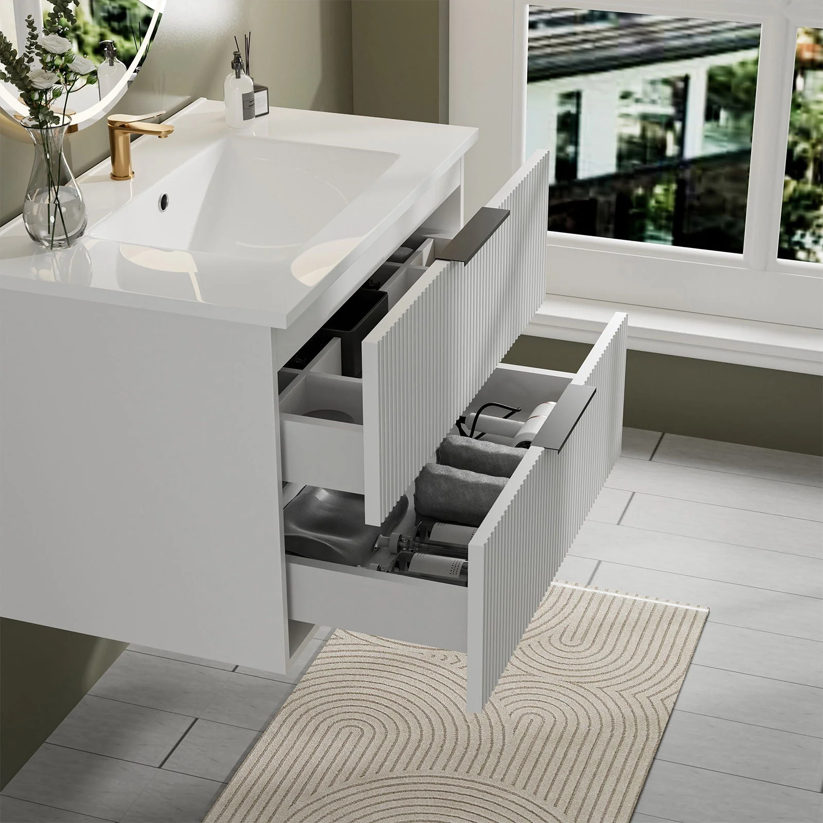Modern Wall Mounted Floating Bathroom Vanity With Sink And Drawers - Image 15