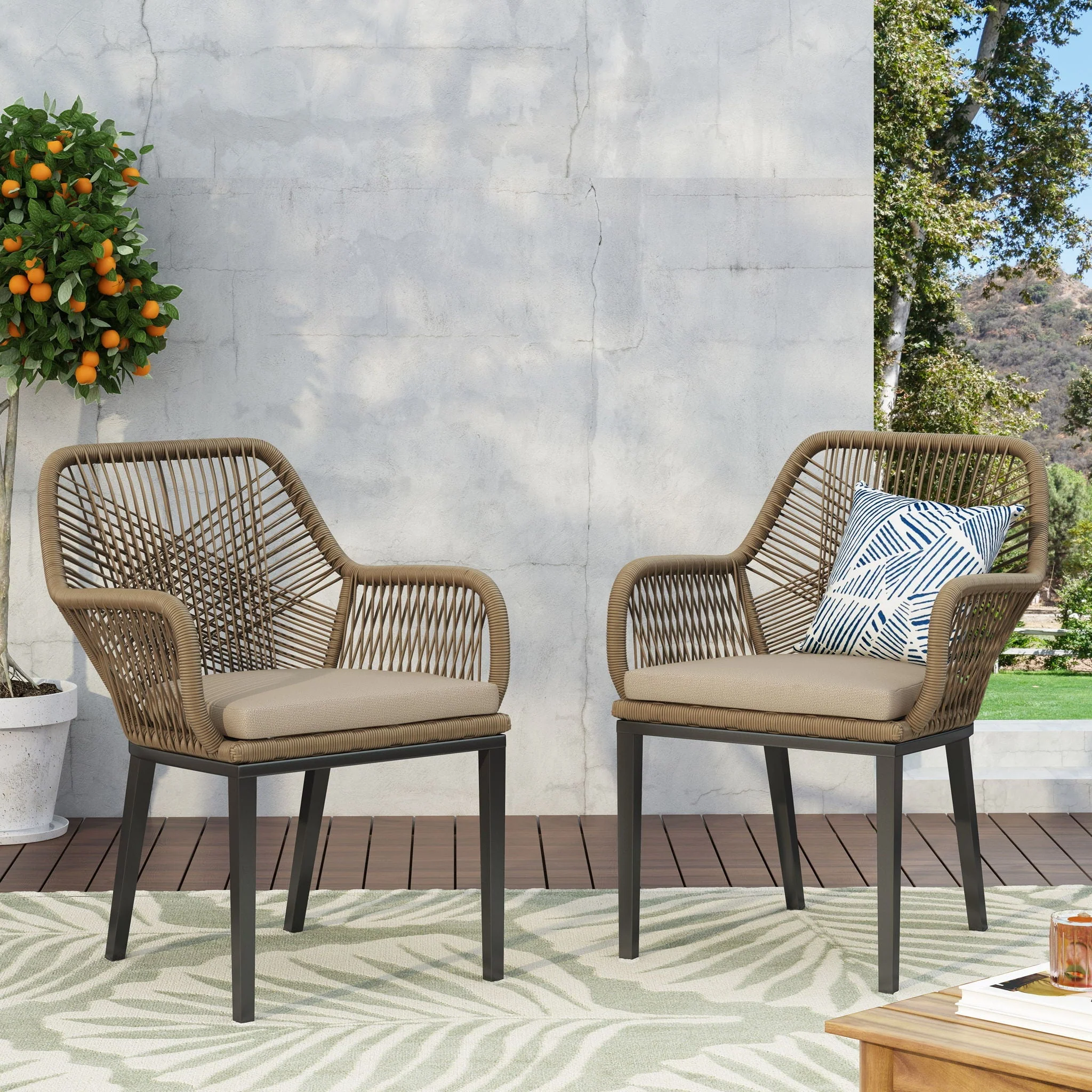 Modern Wicker Dining Club Chair With Water Resistant Cushions - Brown / Beige - Image 2