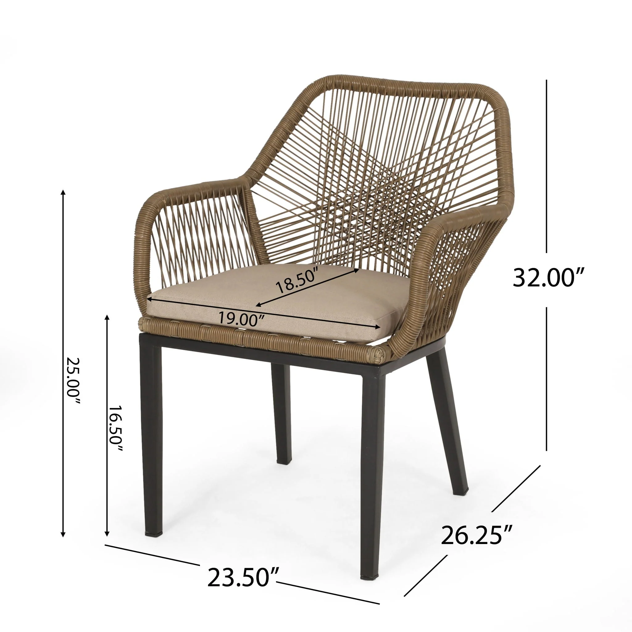 Modern Wicker Dining Club Chair With Water Resistant Cushions - Brown / Beige - Image 3