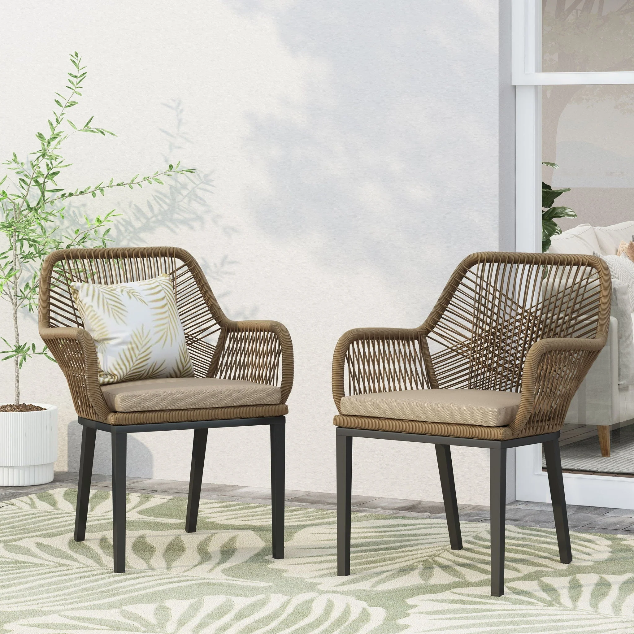 Modern Wicker Dining Club Chair With Water Resistant Cushions - Brown / Beige - Image 4