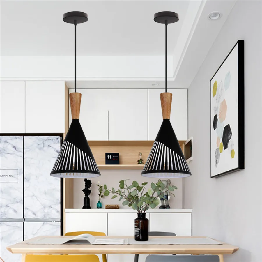 Modern Wood & Aluminum Pendant Ceiling Light E27 Dining Table Kitchen Bedside - Image 3