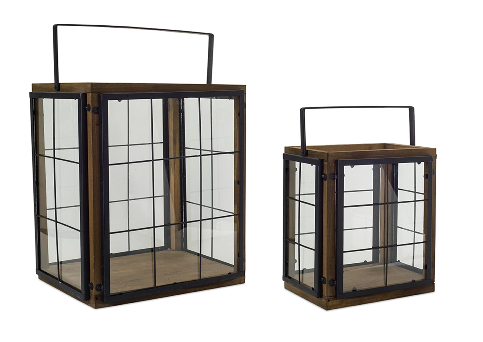 Modern wood box lantern with metal panes (set of 2)