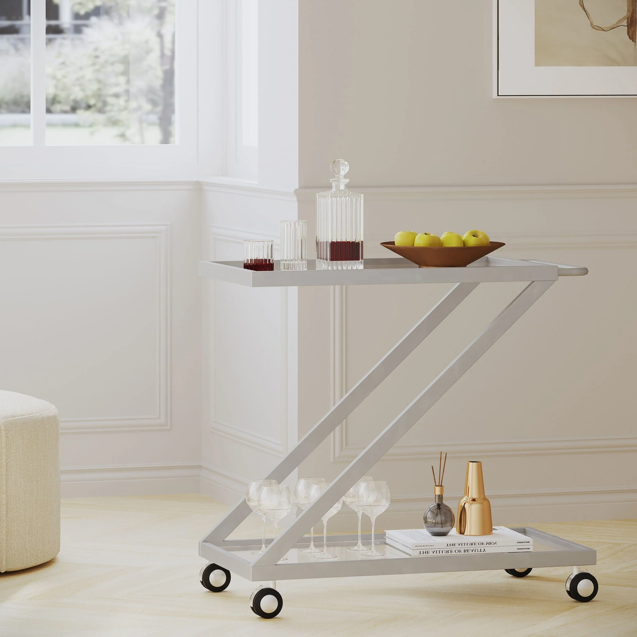 Modern Z Shaped Bar Cart With Tempered Glass Shelves - Silver - Image 2