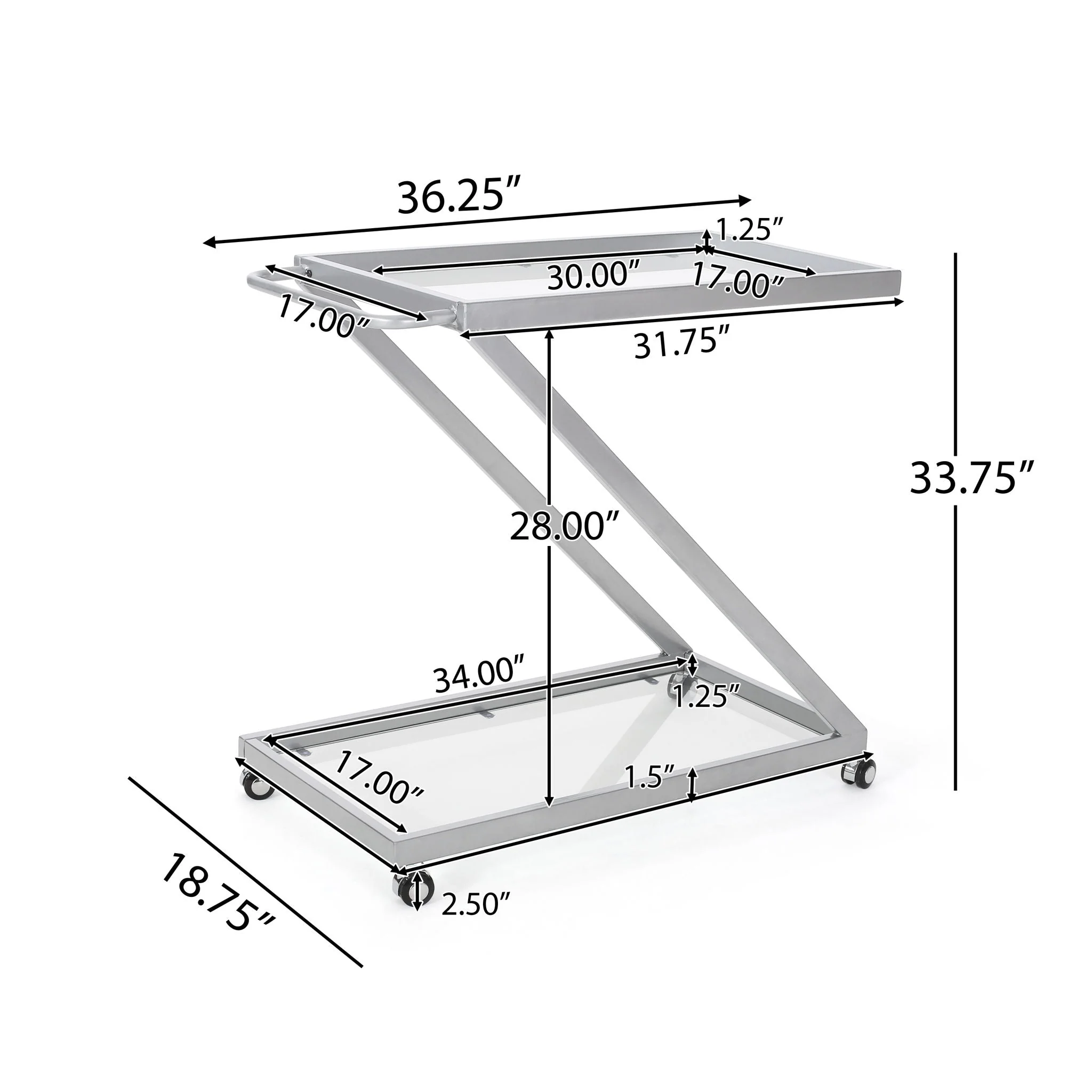 Modern Z Shaped Bar Cart With Tempered Glass Shelves - Silver - Image 4
