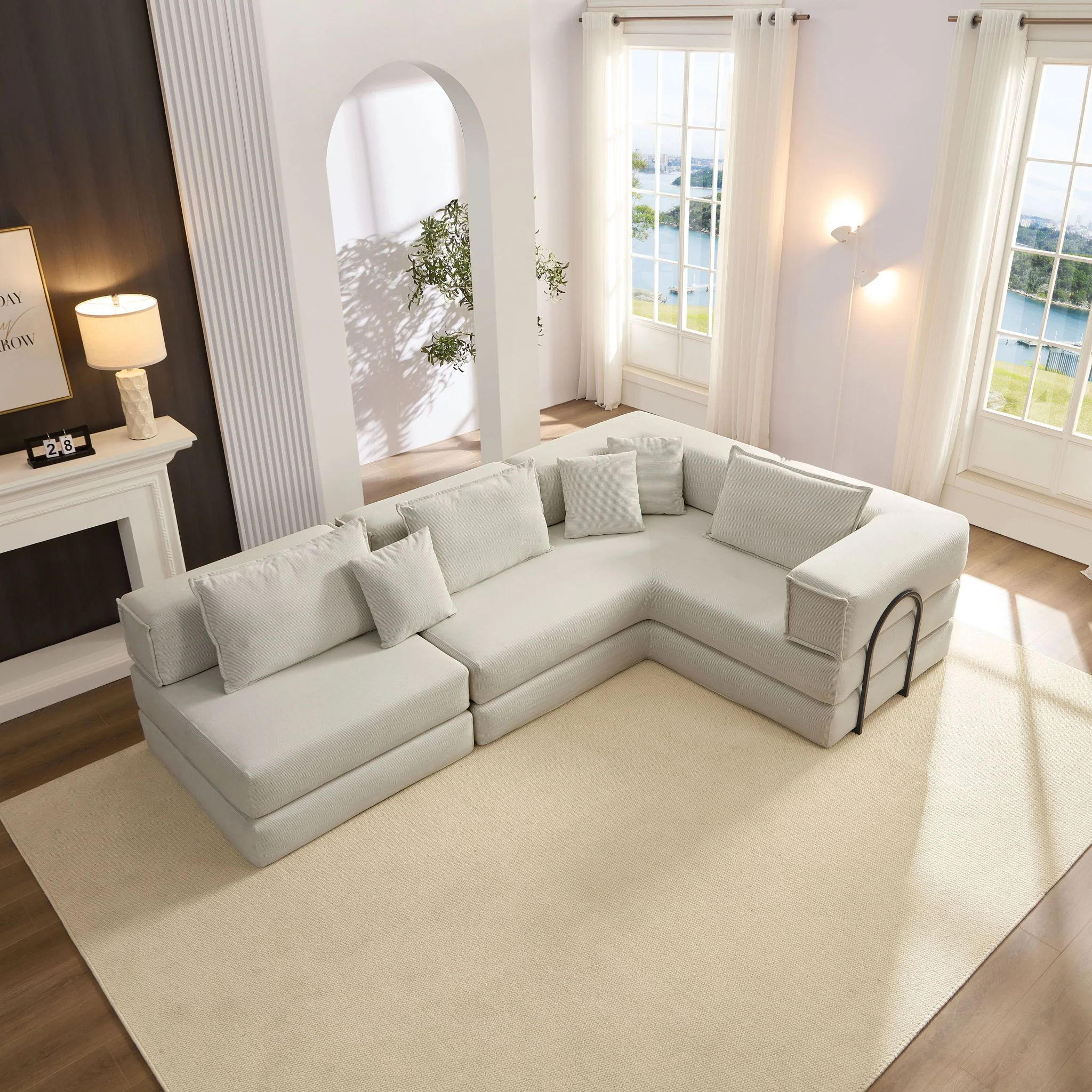 Modular L Shaped Floor Living Room Sofa Set With 6 Pillows - Image 4