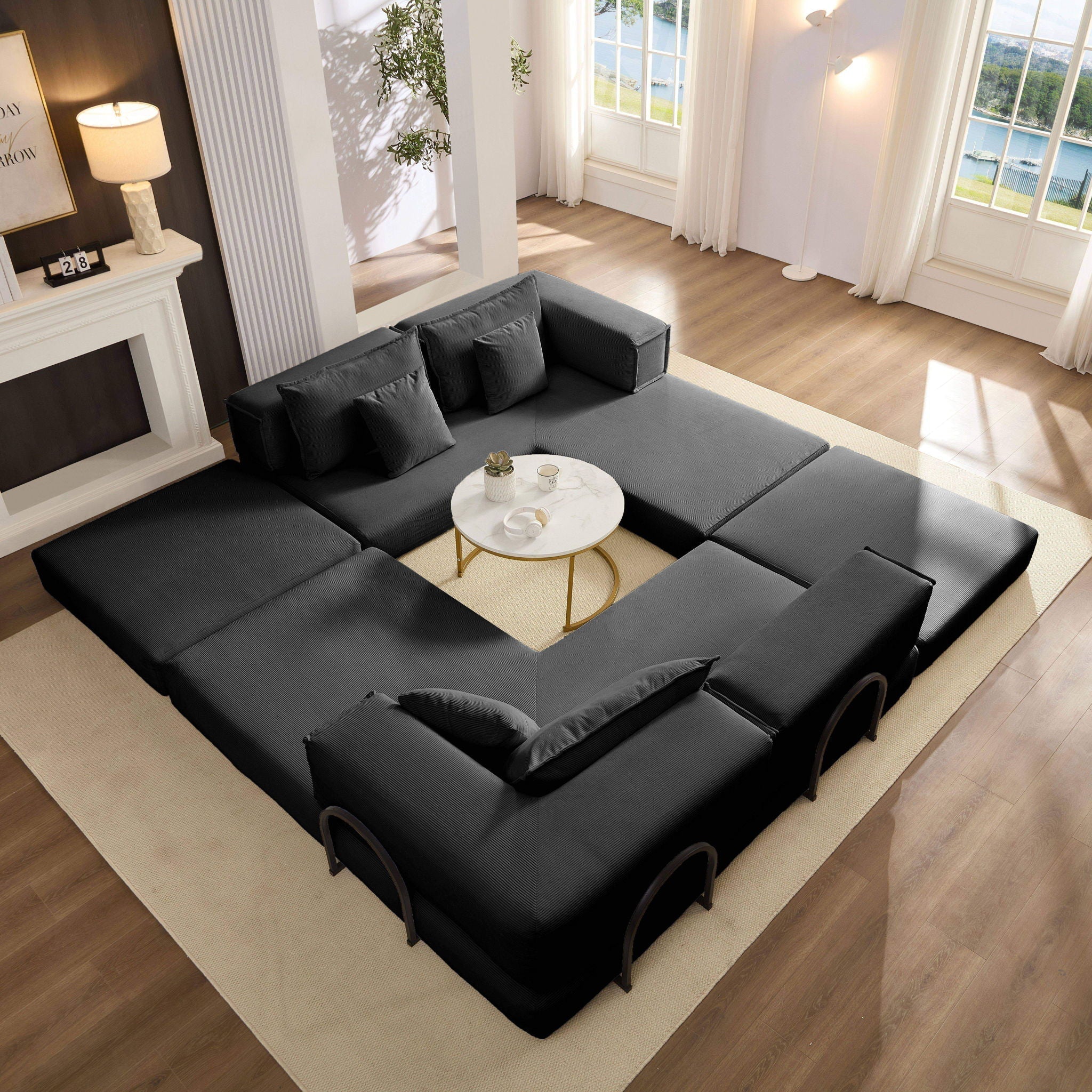 Modular L Shaped Floor Living Room Sofa Set With 6 Pillows - Image 5