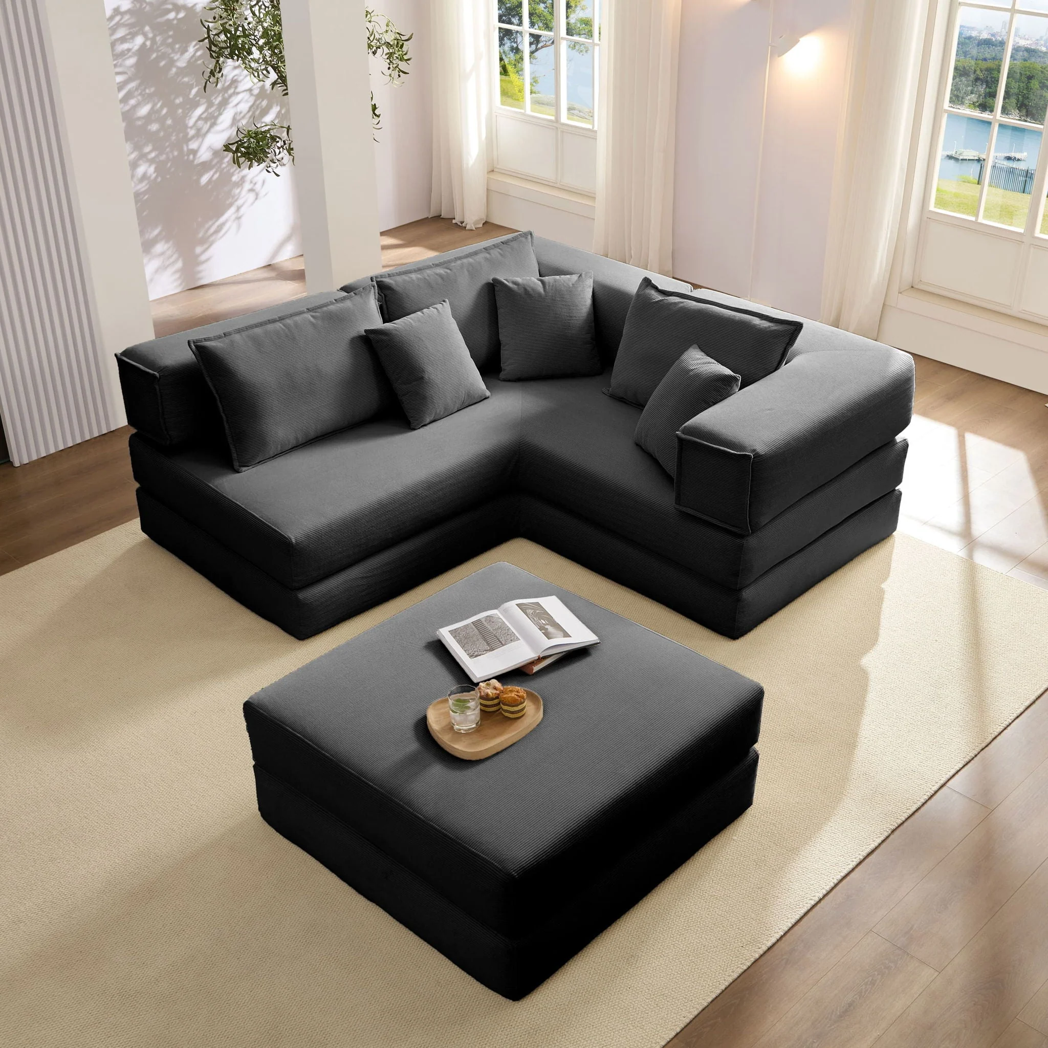 Modular L Shaped Floor Living Room Sofa Set With 6 Pillows - Image 8