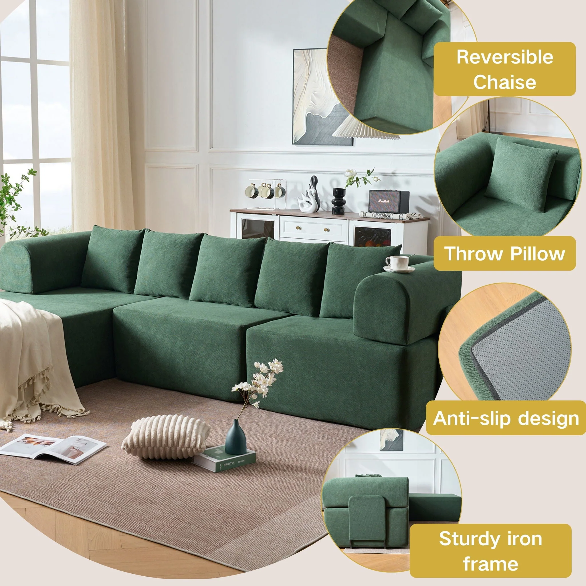 Modular L-Shaped Sectional Sofa With Deep Seat, Movable Chaise & 5 Pillows - Image 7