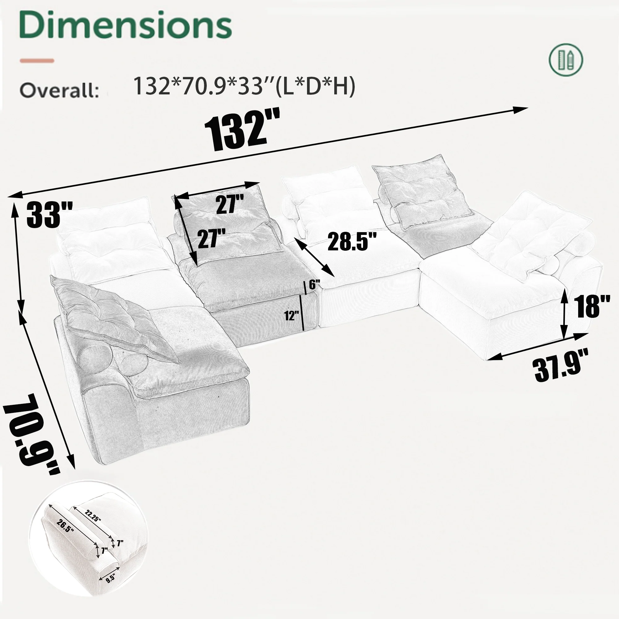 Modular Sofa 6-Piece Set in Beige Corduroy by GigaTech - Image 2