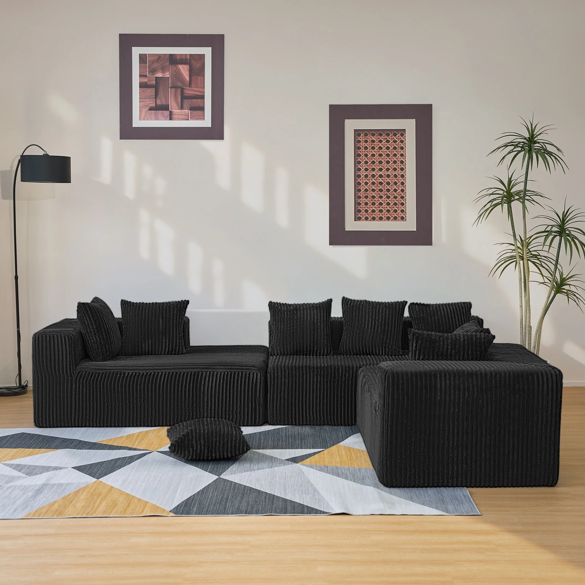 Modular U-Shaped Sectional Sofa, 4 Seater Chaise Lounge With Reversible Design Striped - Black - Image 2
