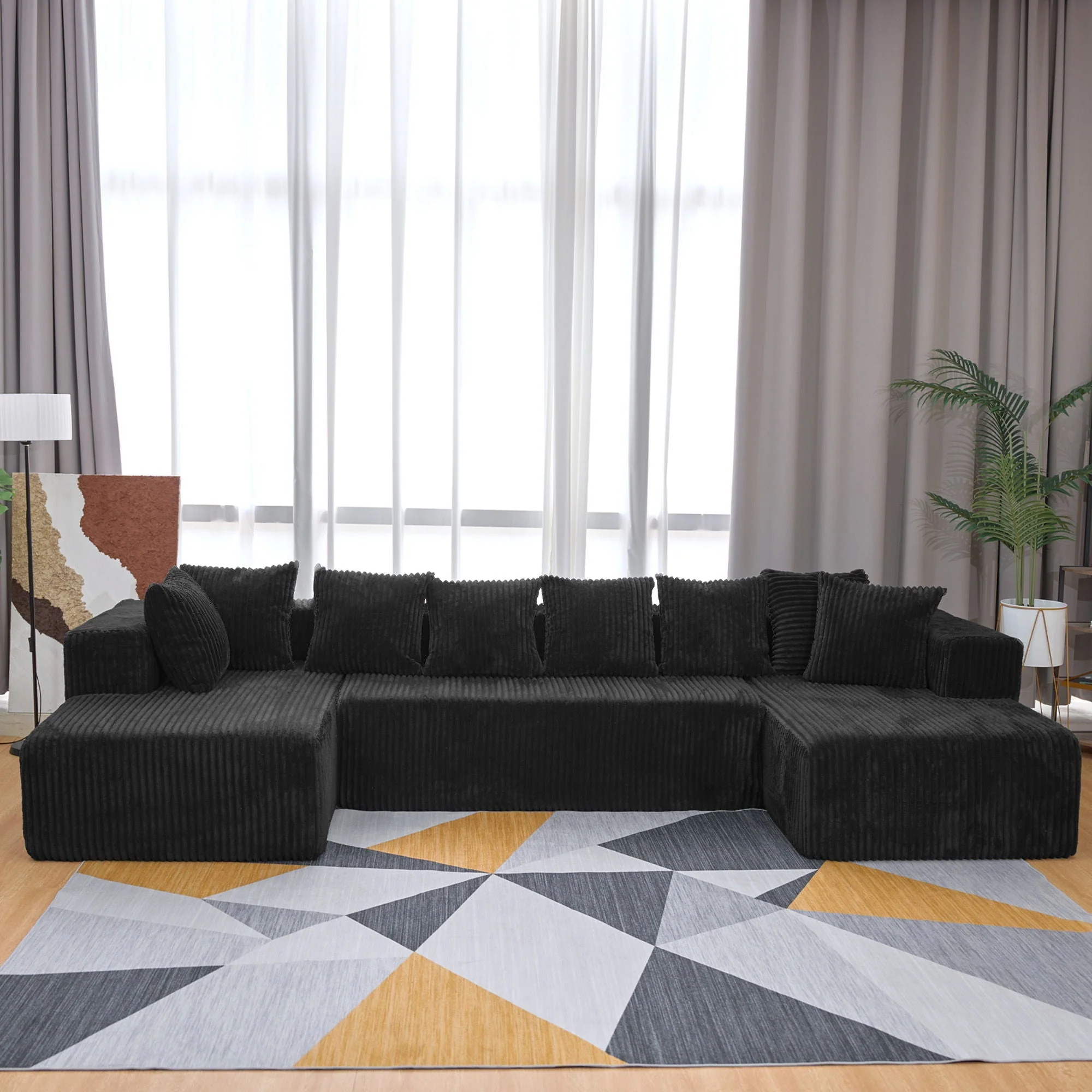 Modular U-Shaped Sectional Sofa, 4 Seater Chaise Lounge With Reversible Design Striped - Black - Image 4
