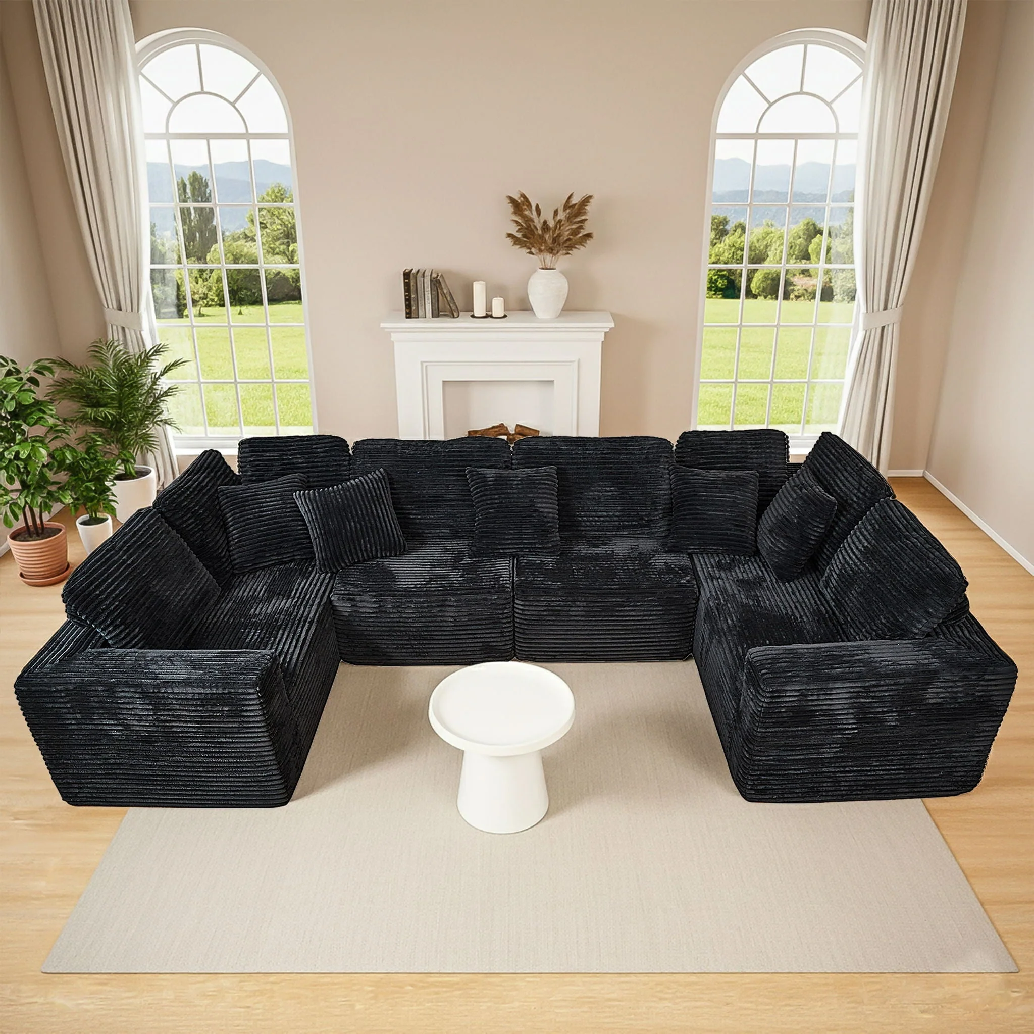 Modular U-Shaped Sectional Sofa, 6 Seater Chaise Lounge With Reversible Design - Black - Image 2