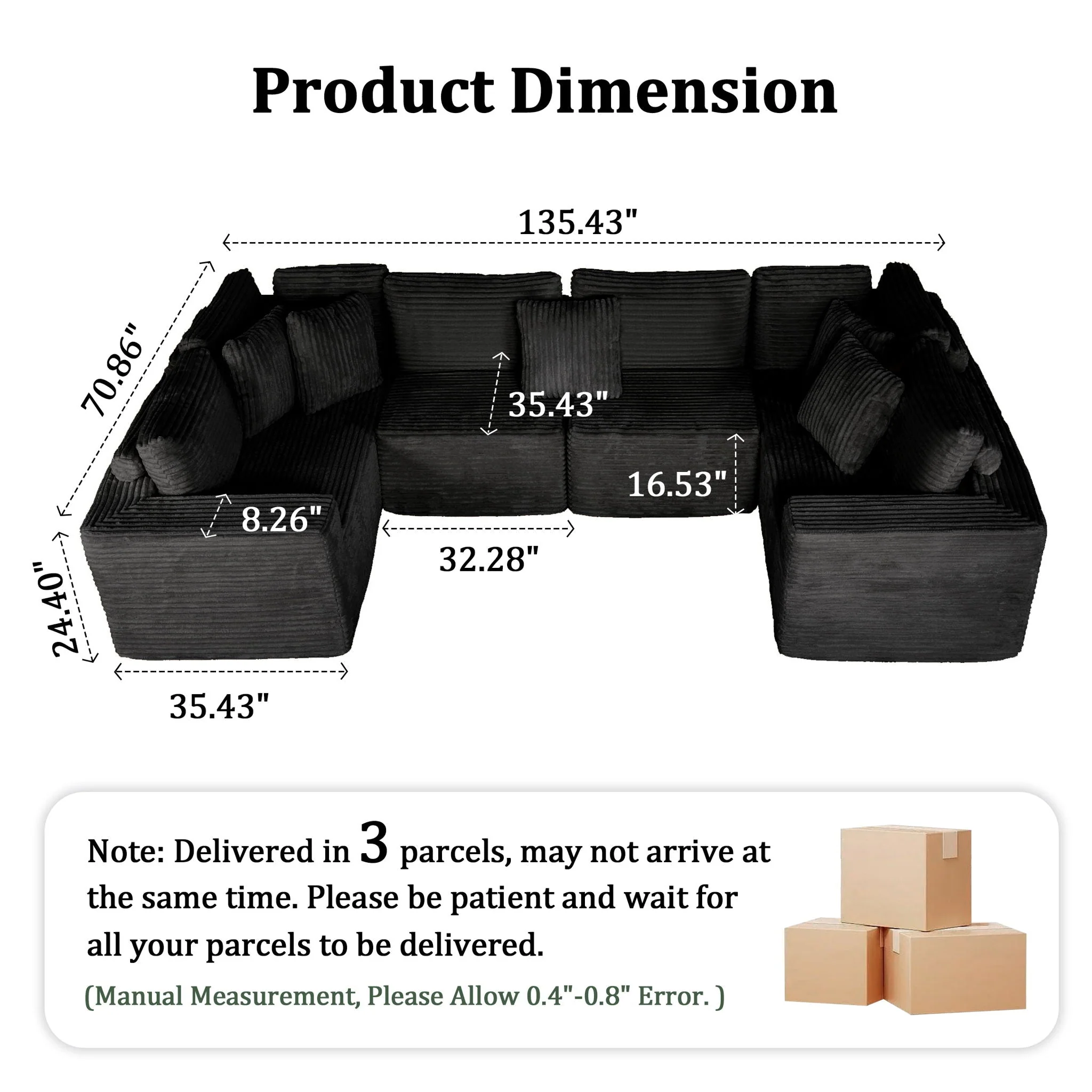 Modular U-Shaped Sectional Sofa, 6 Seater Chaise Lounge With Reversible Design - Black - Image 3