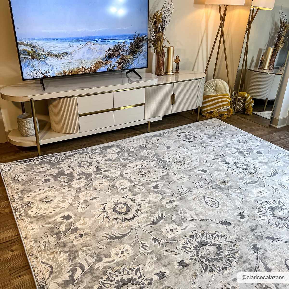 Moelfre Neutral Damask Area Rug - Image 2