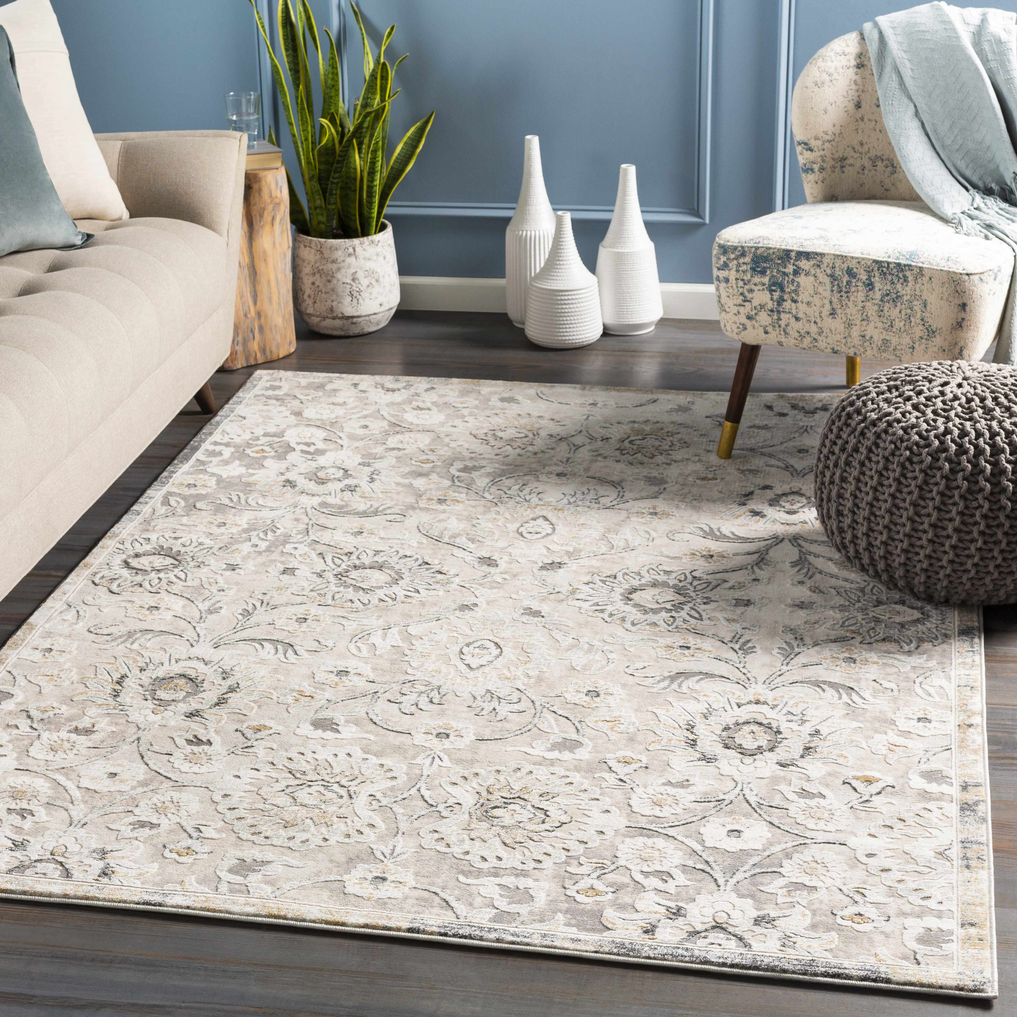 Moelfre Neutral Damask Area Rug - Image 3