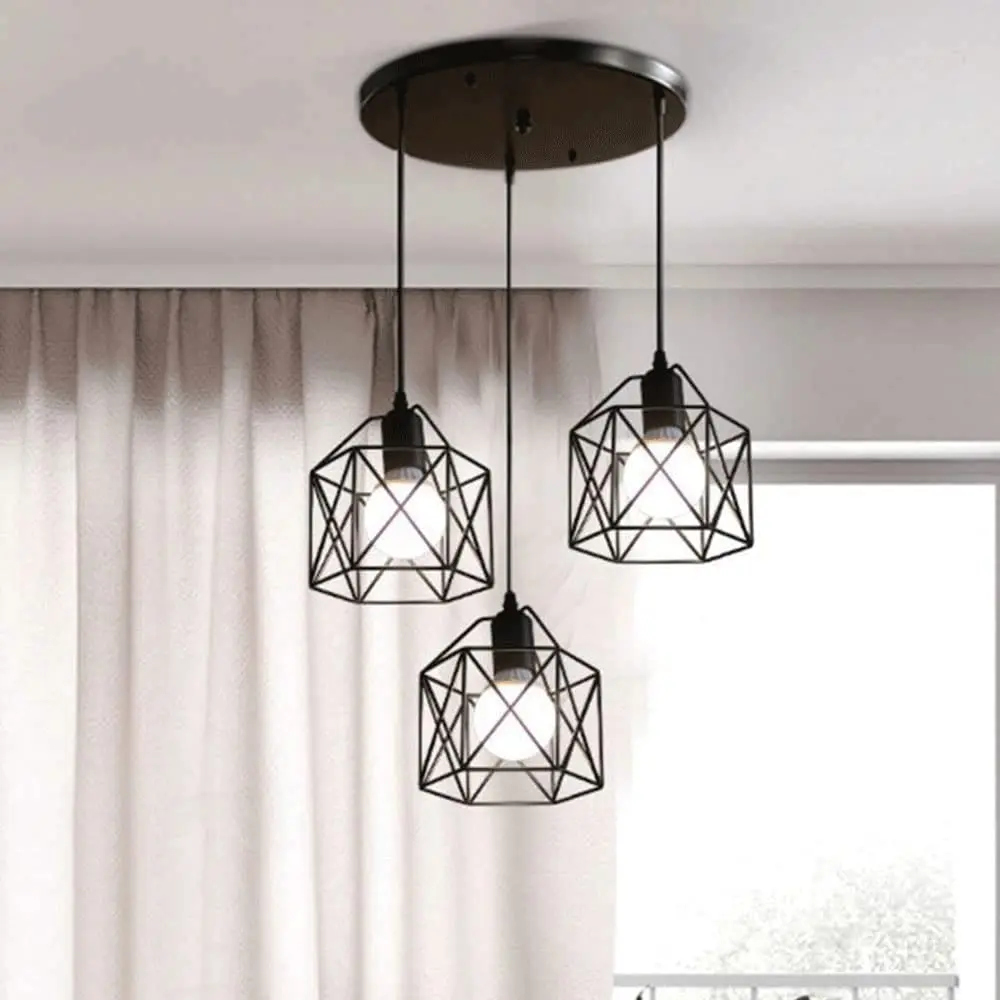 Moktan Sabai Vintage 3-Head Pendant Lamp – Black Metal Ceiling Chandelier E27