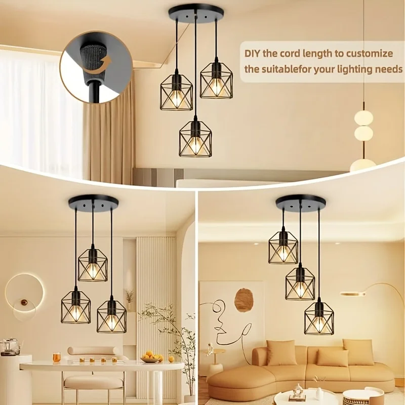 Moktan Sabai Vintage 3-Head Pendant Lamp – Black Metal Ceiling Chandelier E27 - Image 3