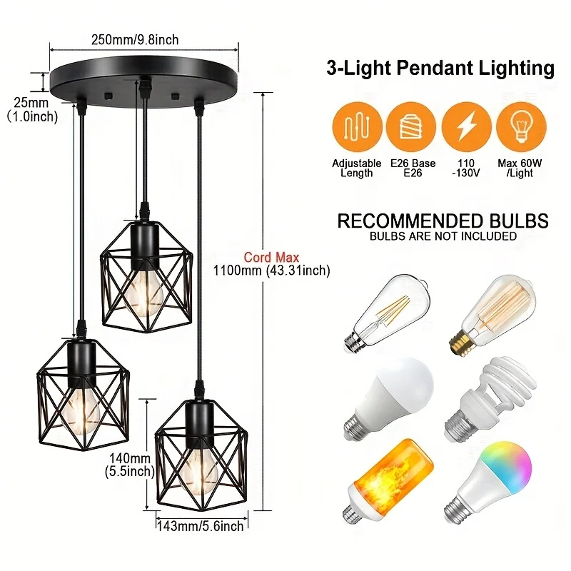Moktan Sabai Vintage 3-Head Pendant Lamp – Black Metal Ceiling Chandelier E27 - Image 4