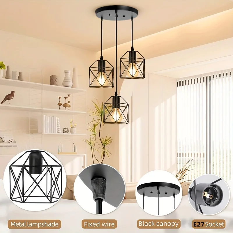 Moktan Sabai Vintage 3-Head Pendant Lamp – Black Metal Ceiling Chandelier E27 - Image 5