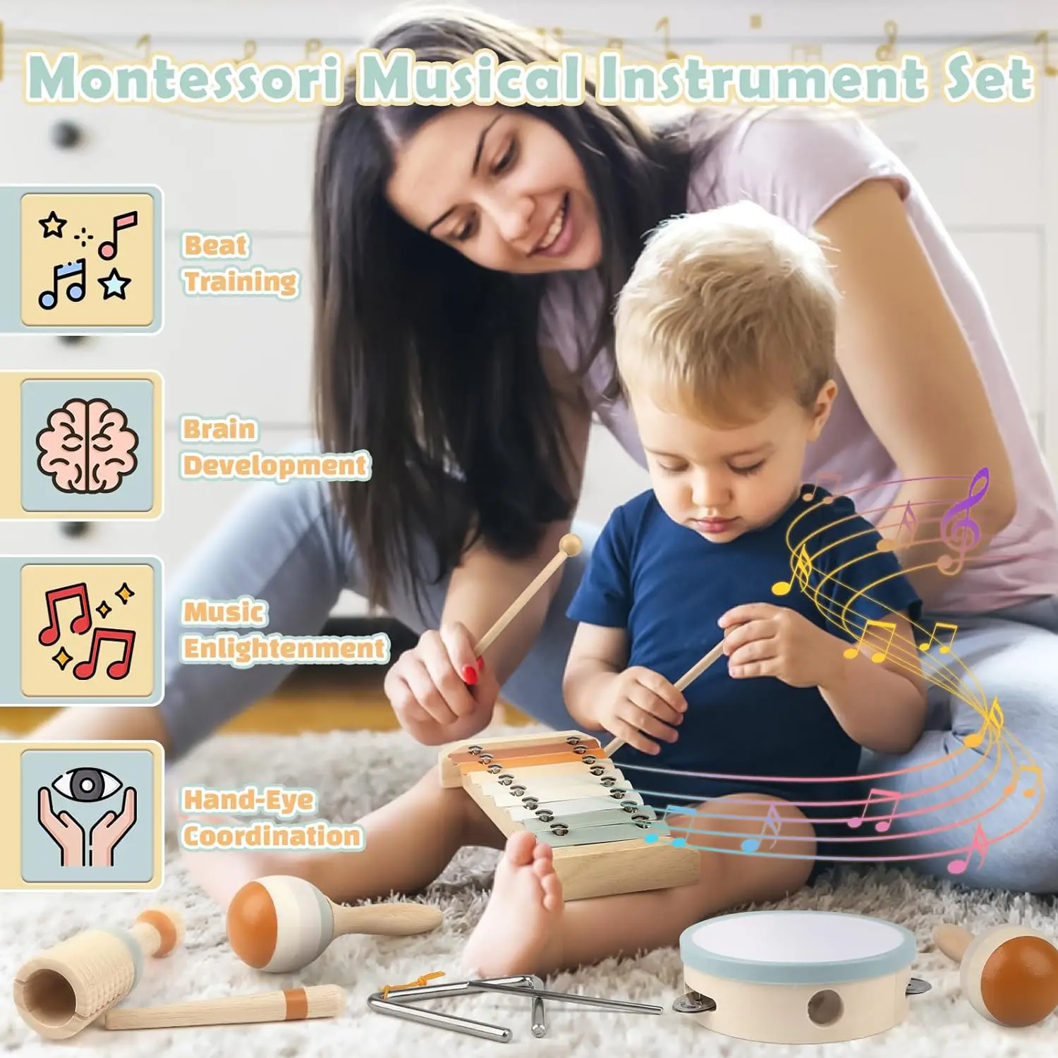 Montessori Wooden Toddler Musical Instrument Set Xylophone Educational Toy Kit - Image 3