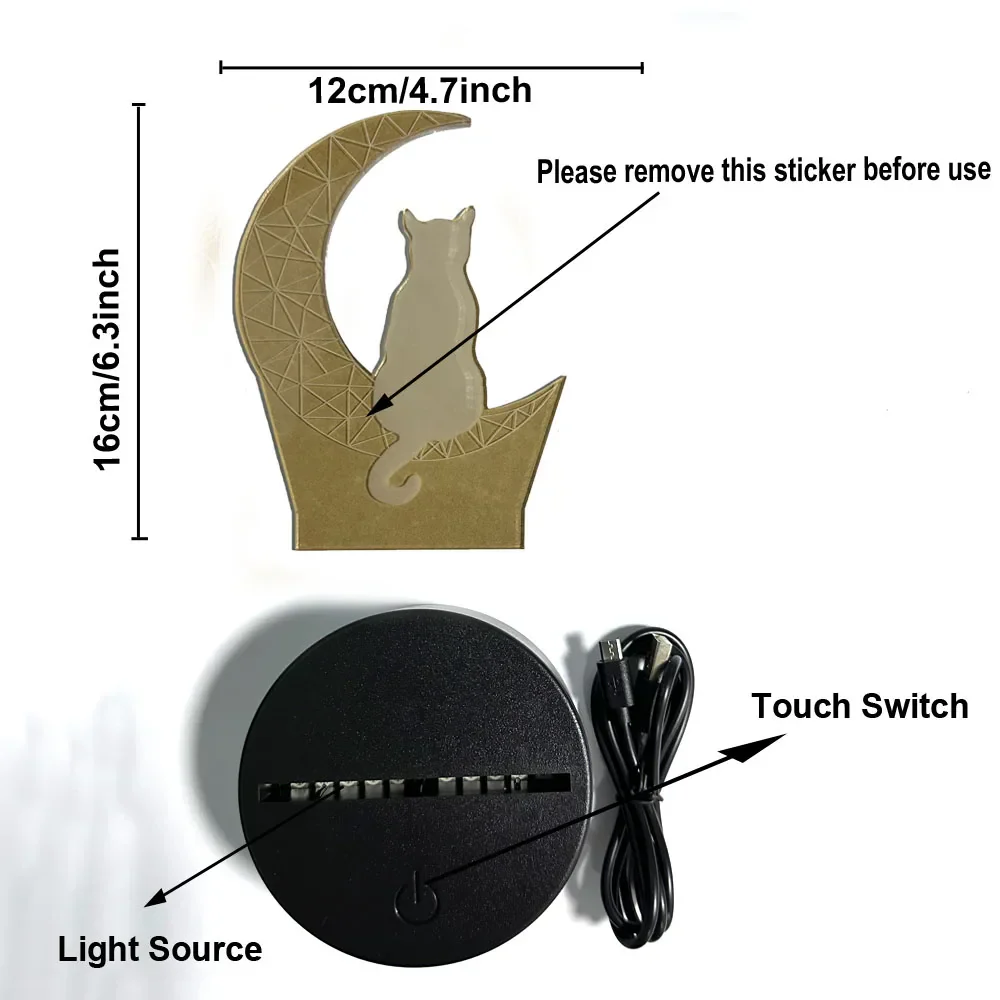 Moon Cat 3D Night Light Optical Illusion Lamp 7-Color Touch Bedroom Decor Lamp - Image 5
