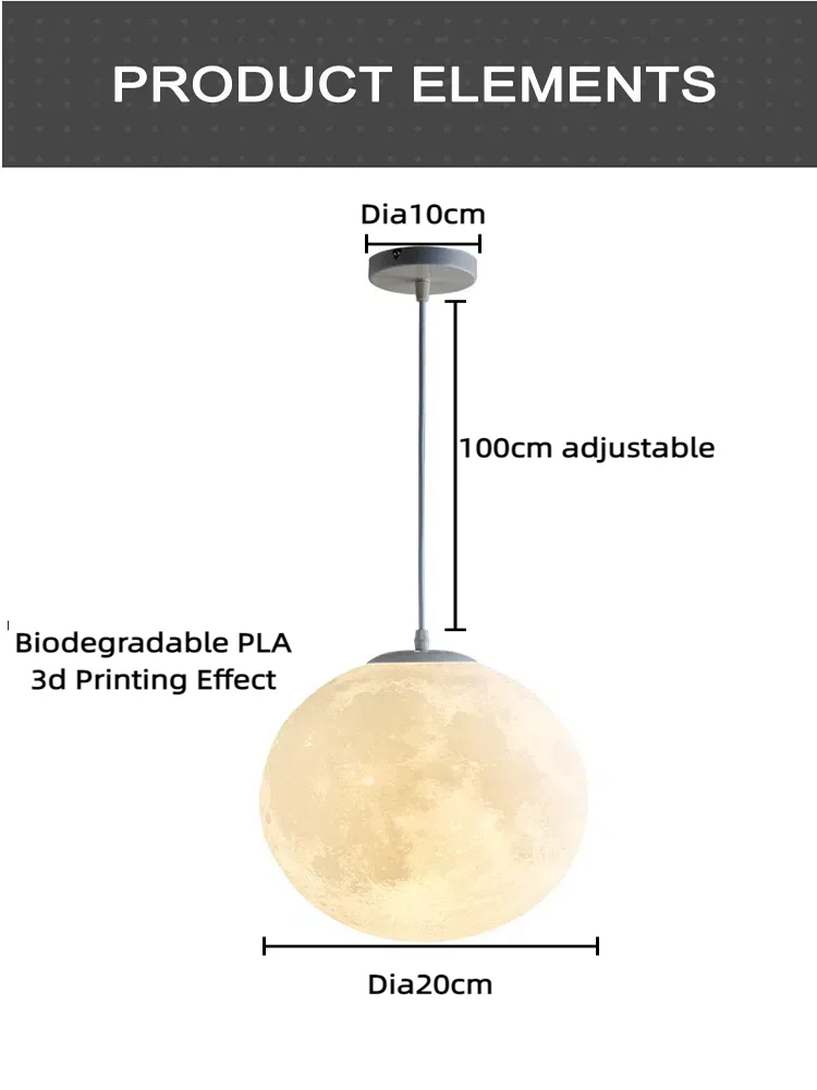 Moon Pendant Light LED Hanging Lamp E27 Modern Chandelier Bedroom Living Room - Image 7